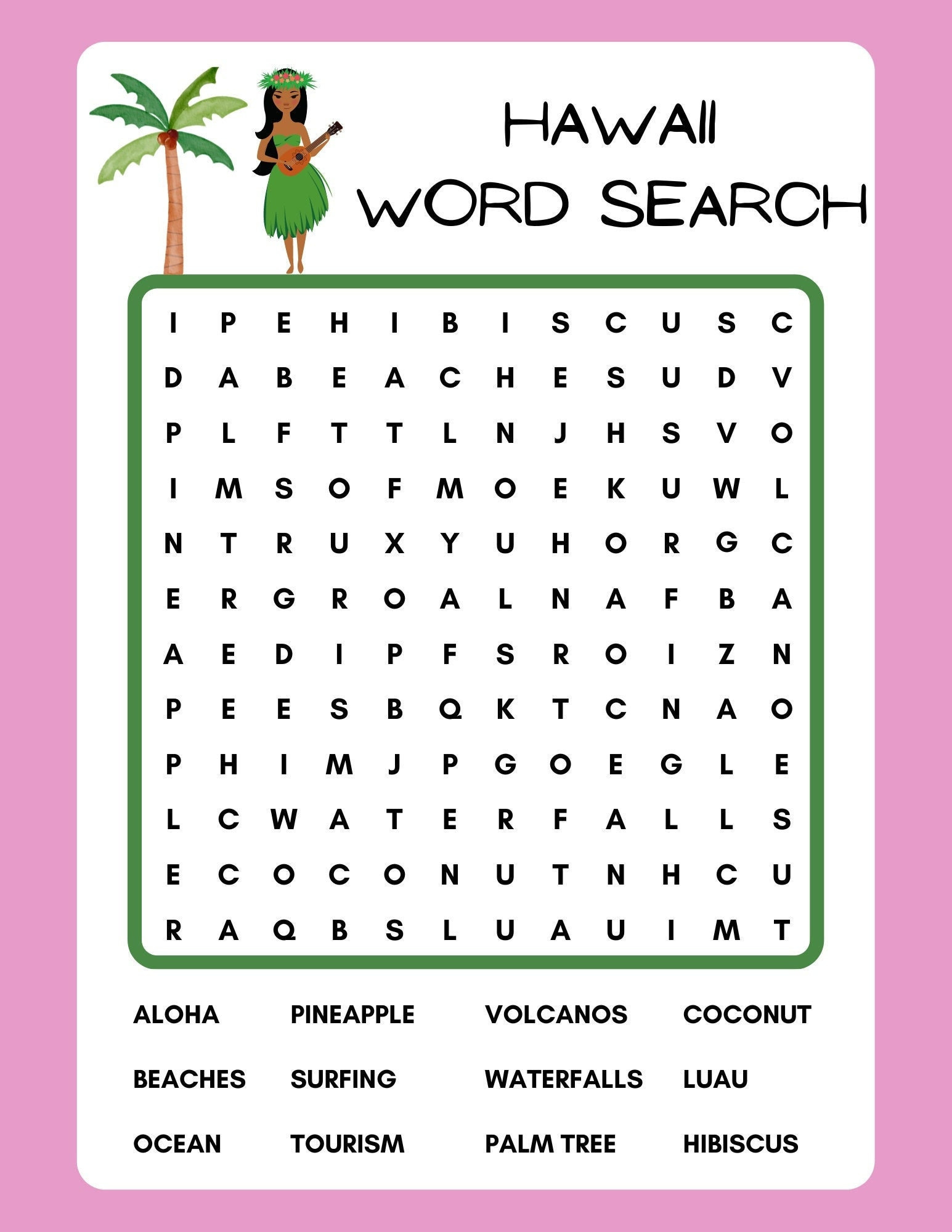 Hawaii Word Search, Printable, Instant Download, Pdf with Hawaiian Word Search Printable