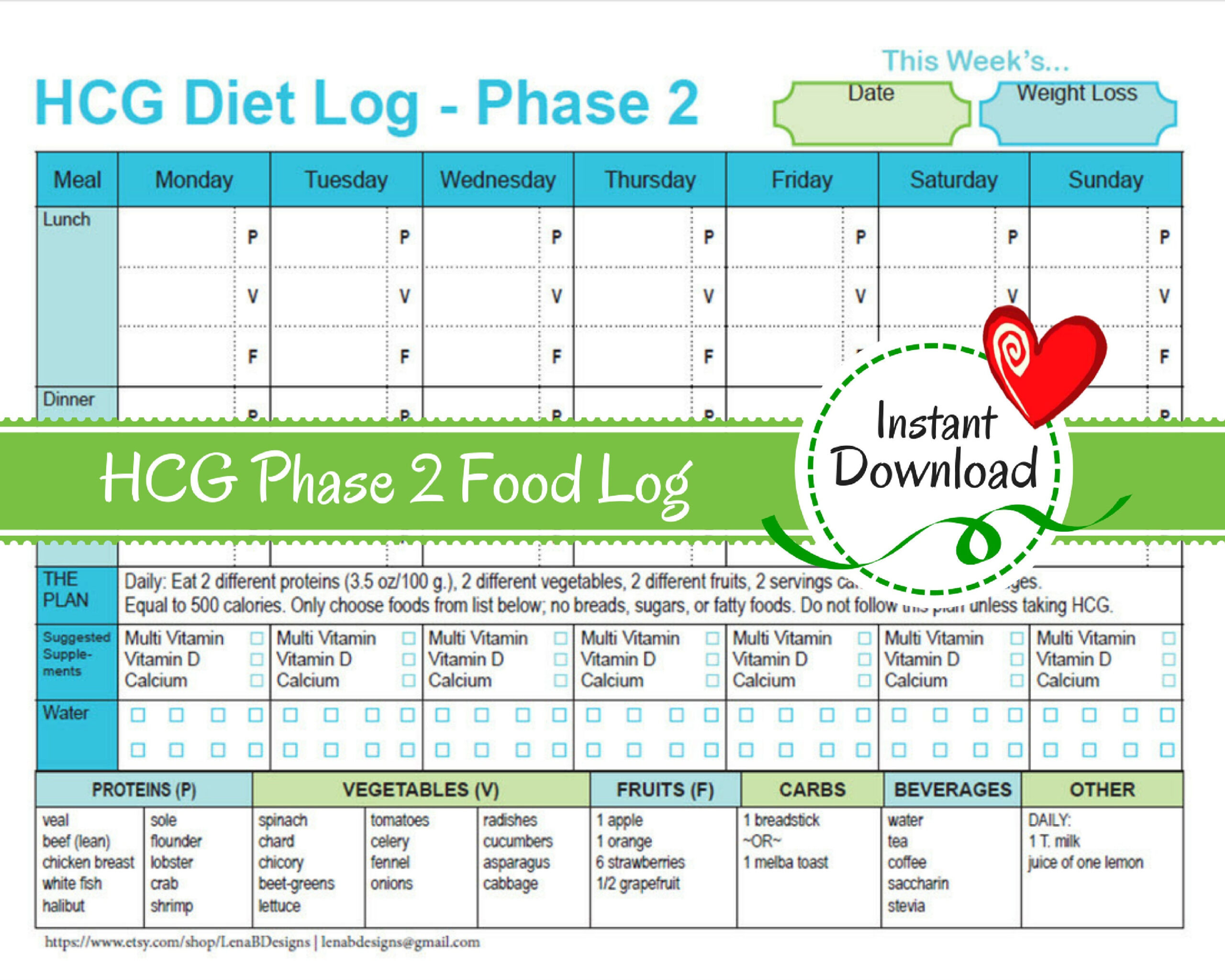 Hcg Weekly Phase 2 Food Tracker Weight Loss Journal, Diet Log in Hcg Diet Plan Menu Printable For Free