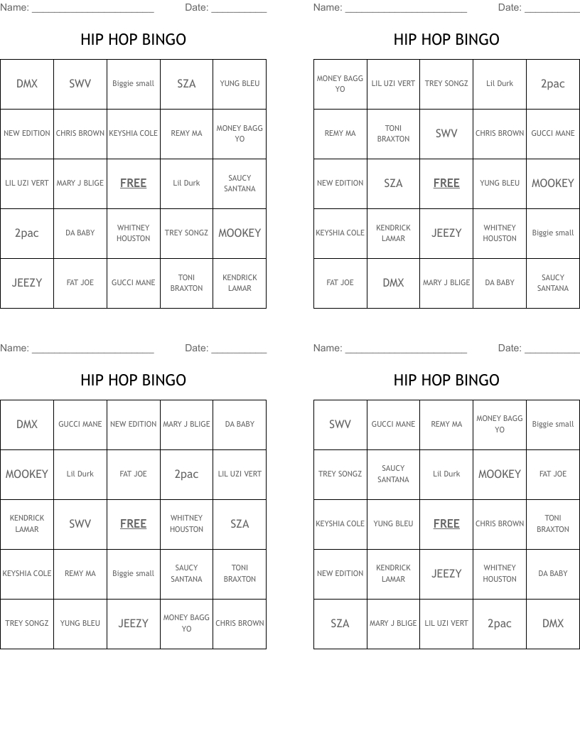 Hip Hop Bingo - Wordmint intended for Hip Hop Bingo Cards