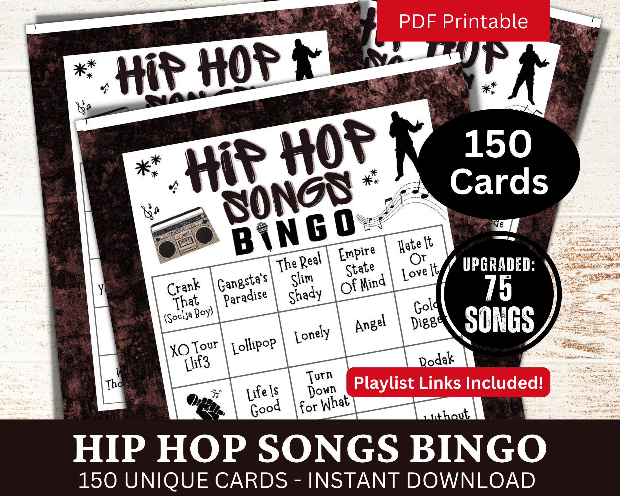 Hip Hop Songs Bingo Game 150 Card, Rap Music Party Activity throughout Hip Hop Bingo Cards