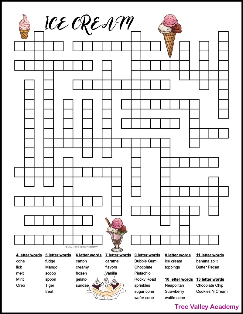 Ice Cream Fill In Puzzle - Tree Valley Academy inside Crossword Fill In Printable