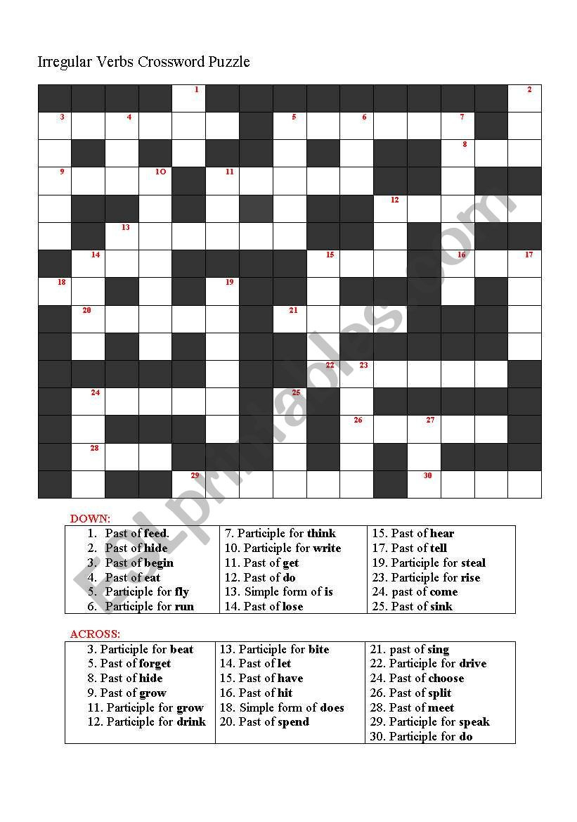 Irregular Verb Crossword Puzzle - Esl Worksheetnboutahar1 pertaining to Printable Esl Crossword Puzzles