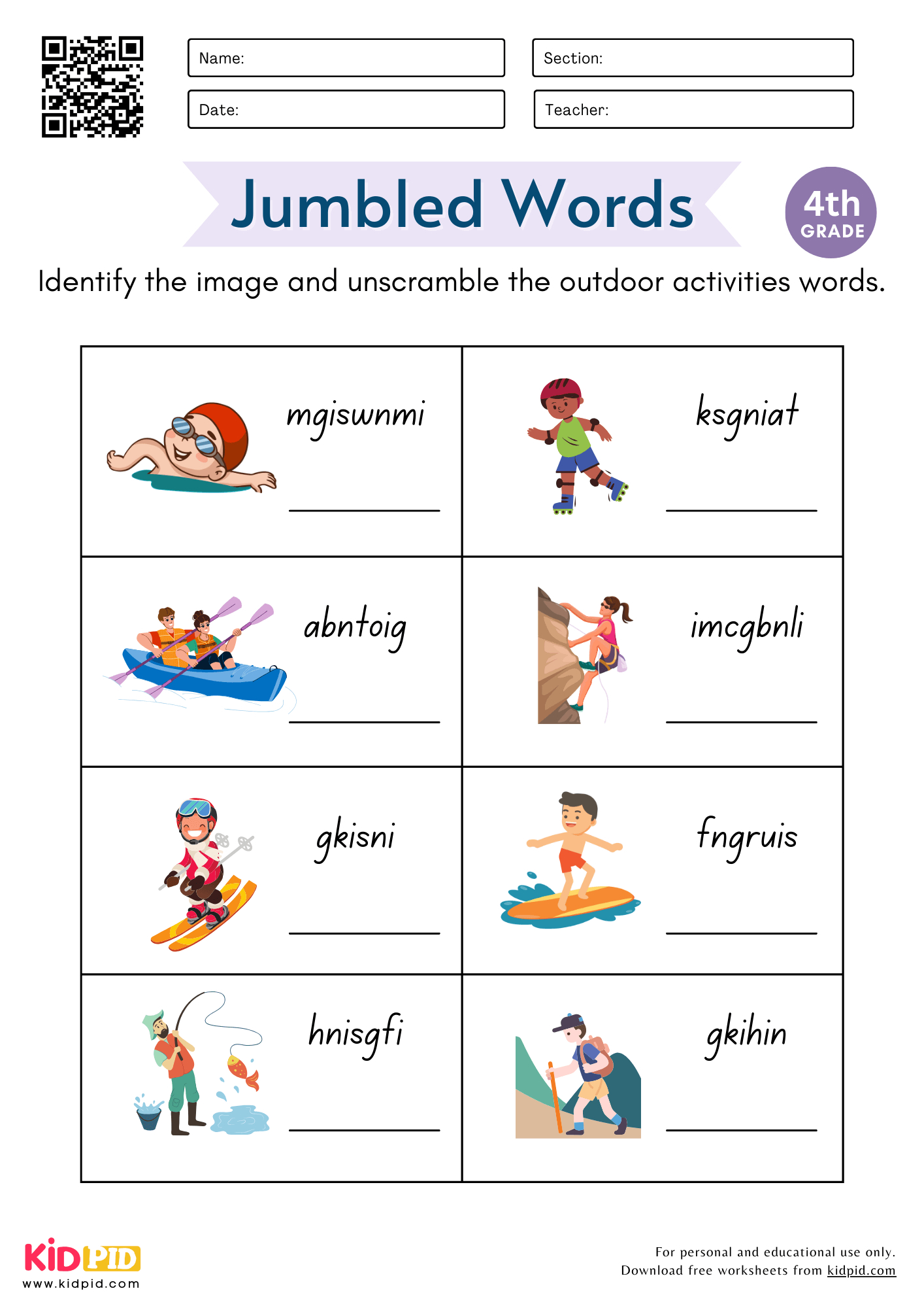 Jumbled Outdoor Activities Words Worksheet For Grade 4 - Kidpid inside Vocabulary Printable Worksheets For 4th Grade