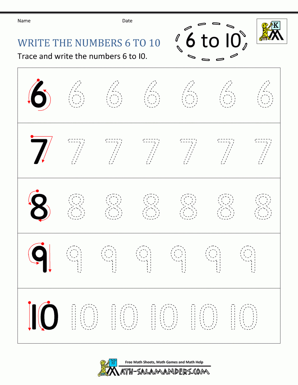 Kindergarten Printable Worksheets Writing Numbers To 10 - 28 with Numbers 6 To 10 Worksheet Printable