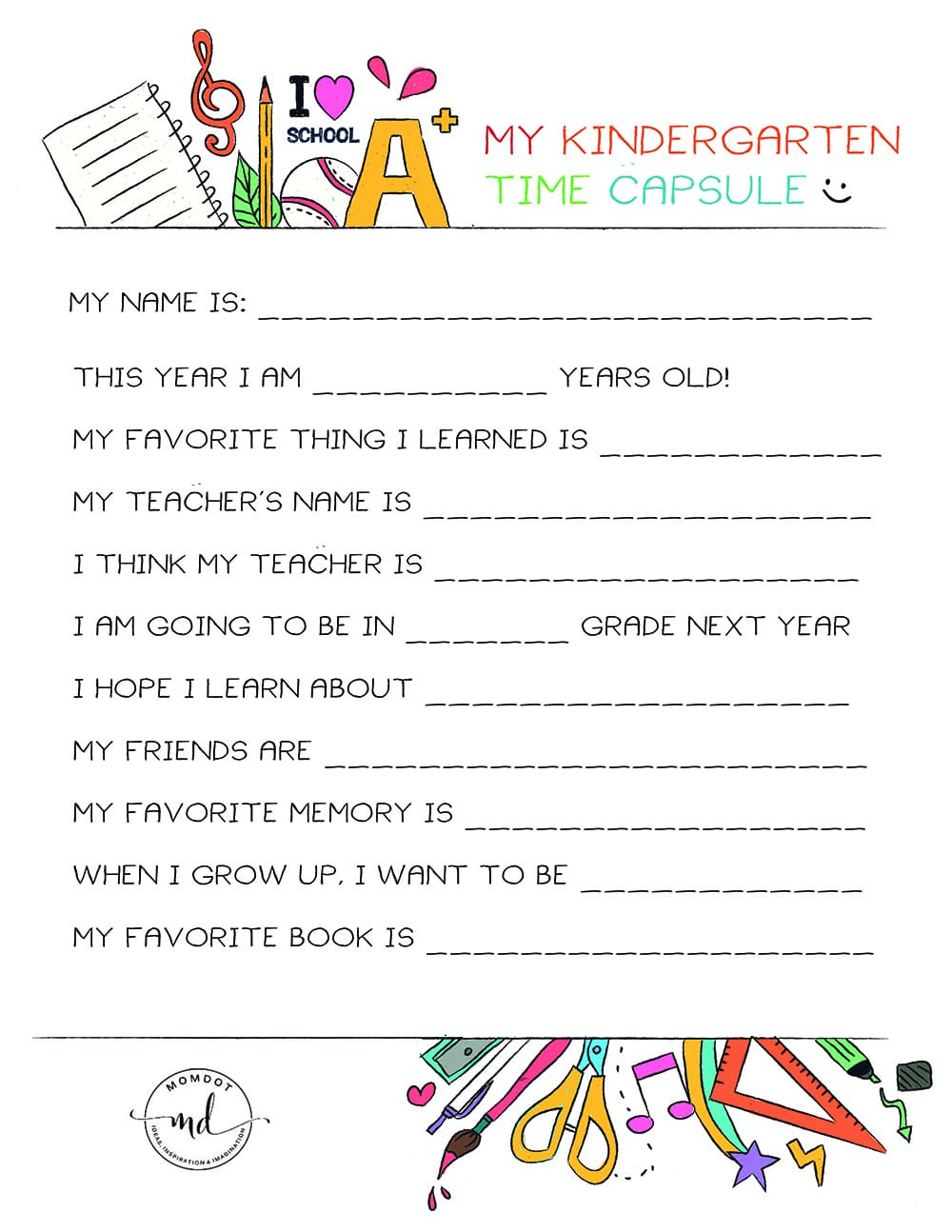 Kindergarten Time Capsule Free Printable - Momdot inside Time Capsule Printable Free