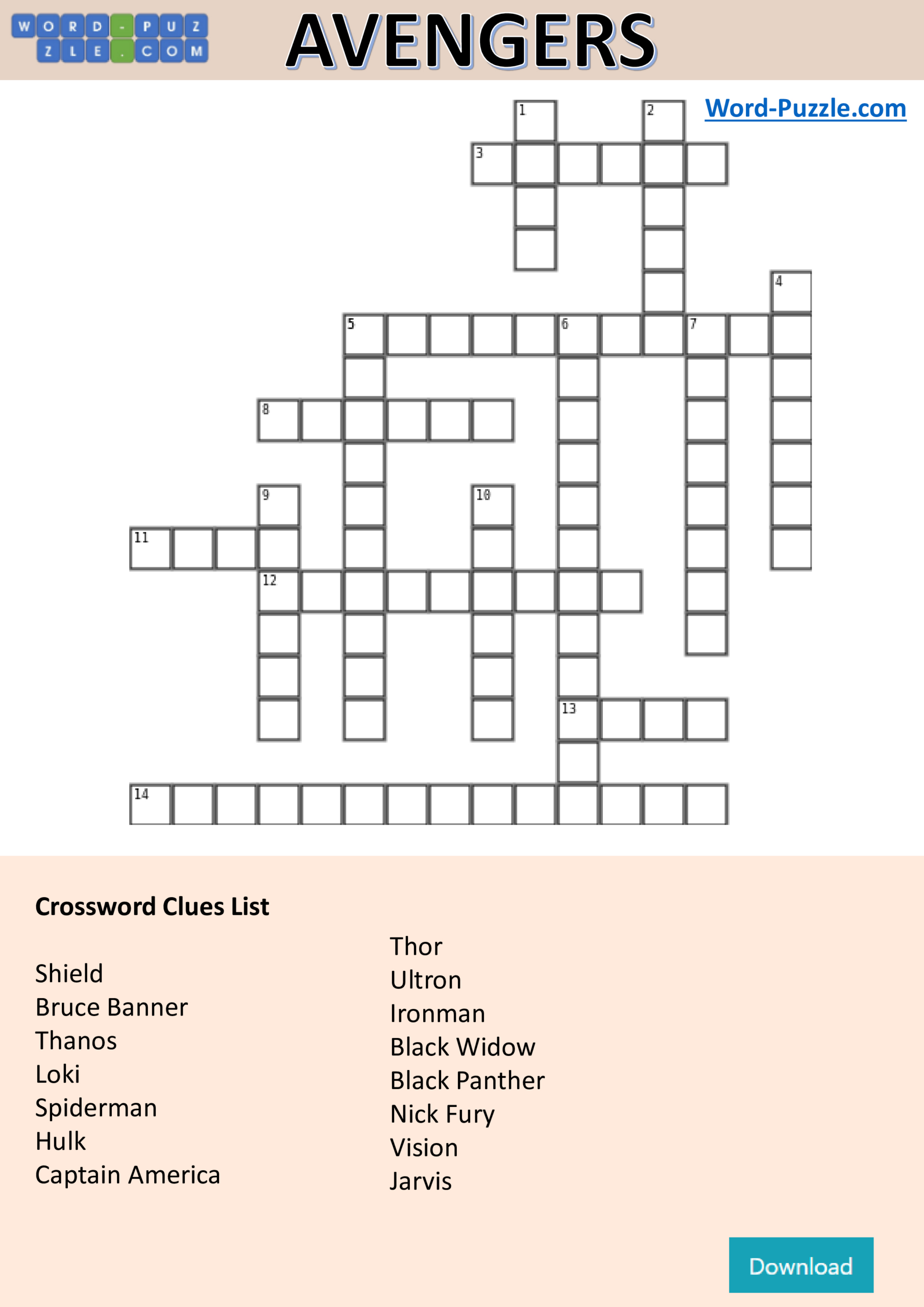 Kostenloses The Avengers Crossword within Marvel Crossword Puzzle Printable