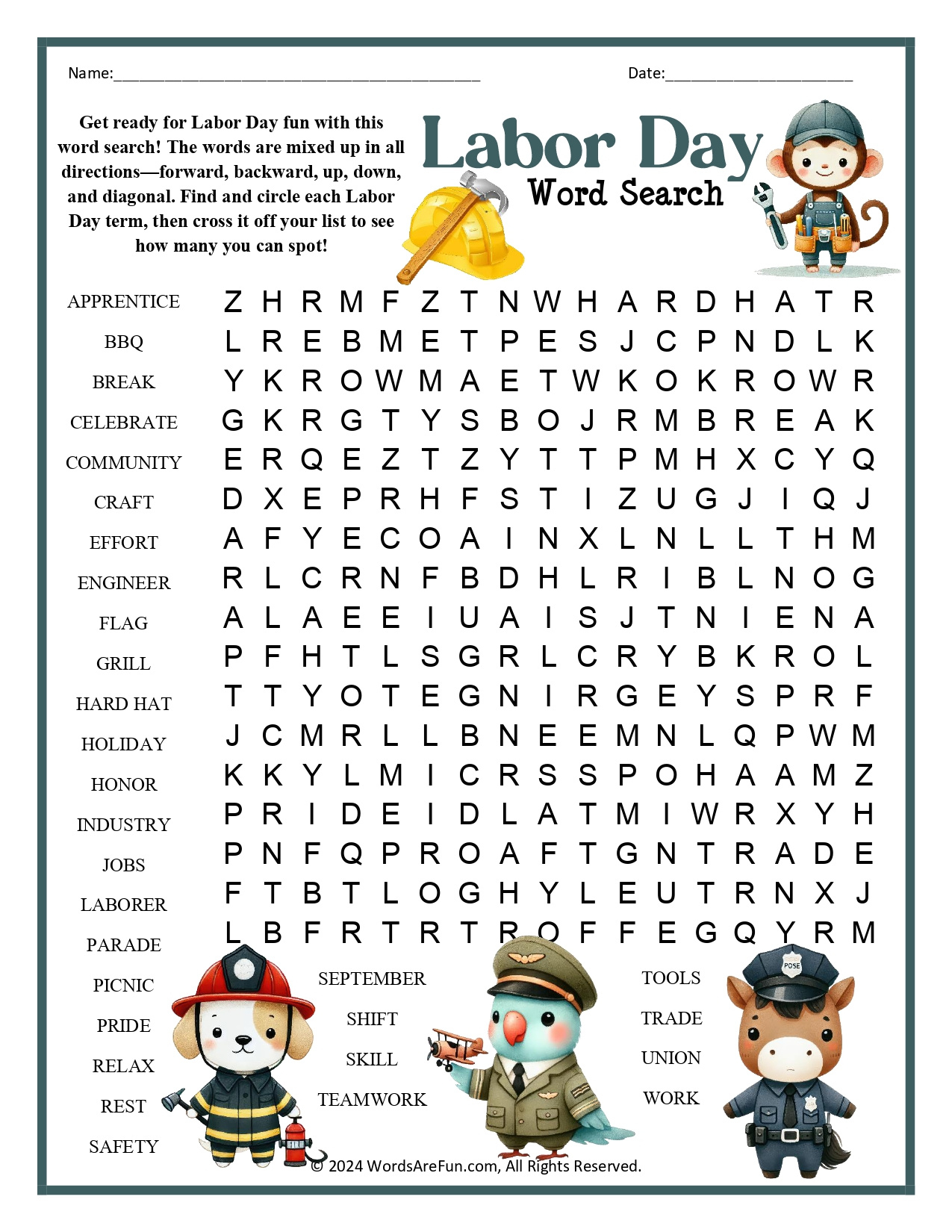 Labor Day Word Search pertaining to Free Printable Labor Day Word Search