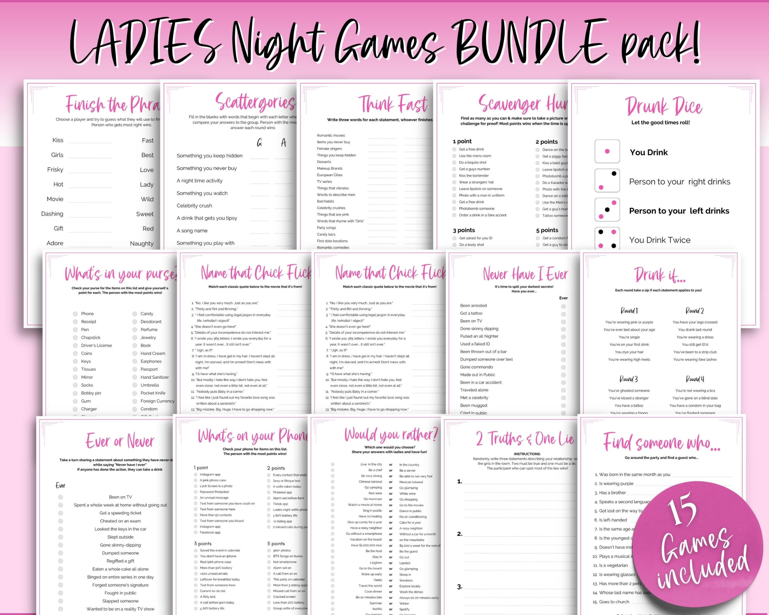 Ladies Night Games Bundle, 15 Printable Games For Girls Night In for Ladies Night Printable Games