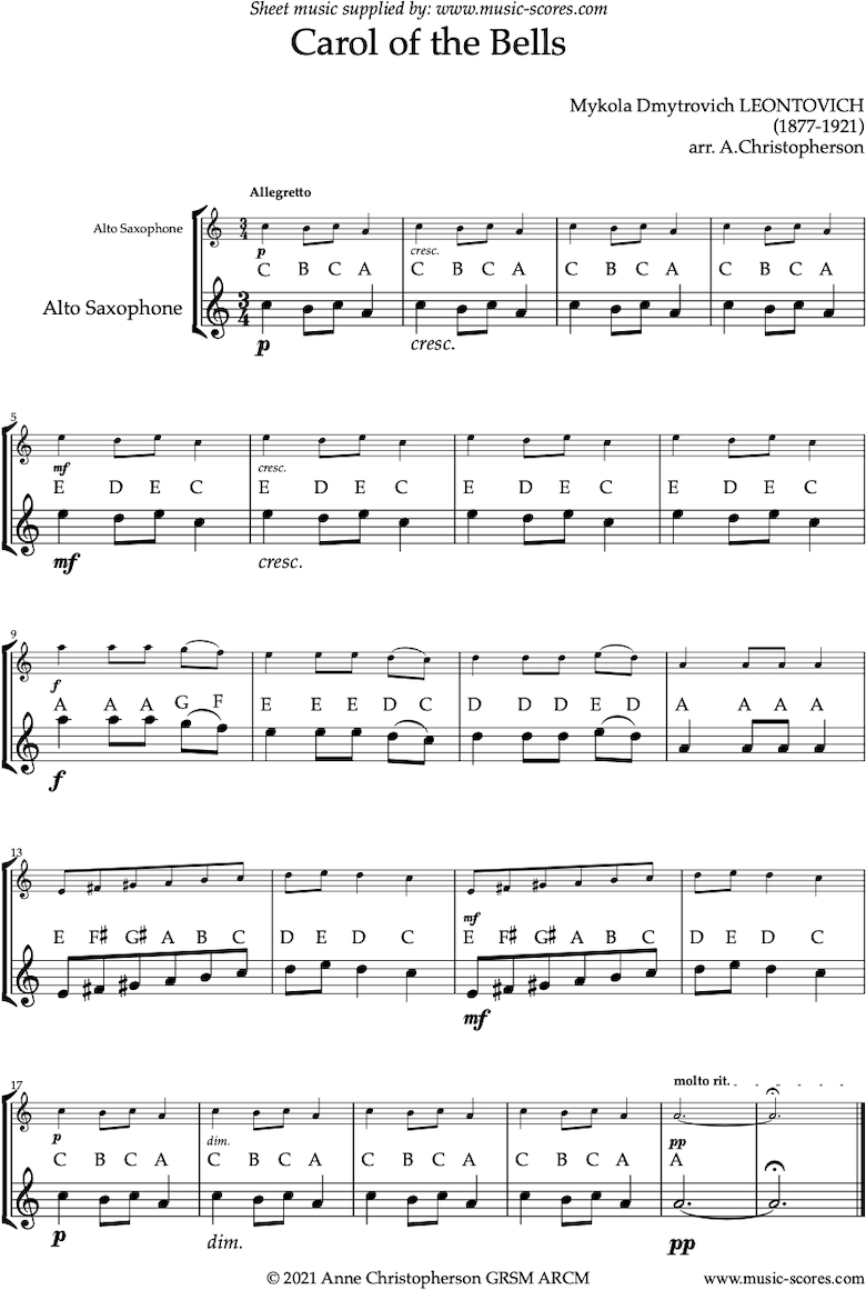 Leontovich. Carol Of The Bells - Easy Alto Sax Solo Classical within Alto Sax Sheet Music Free Printable