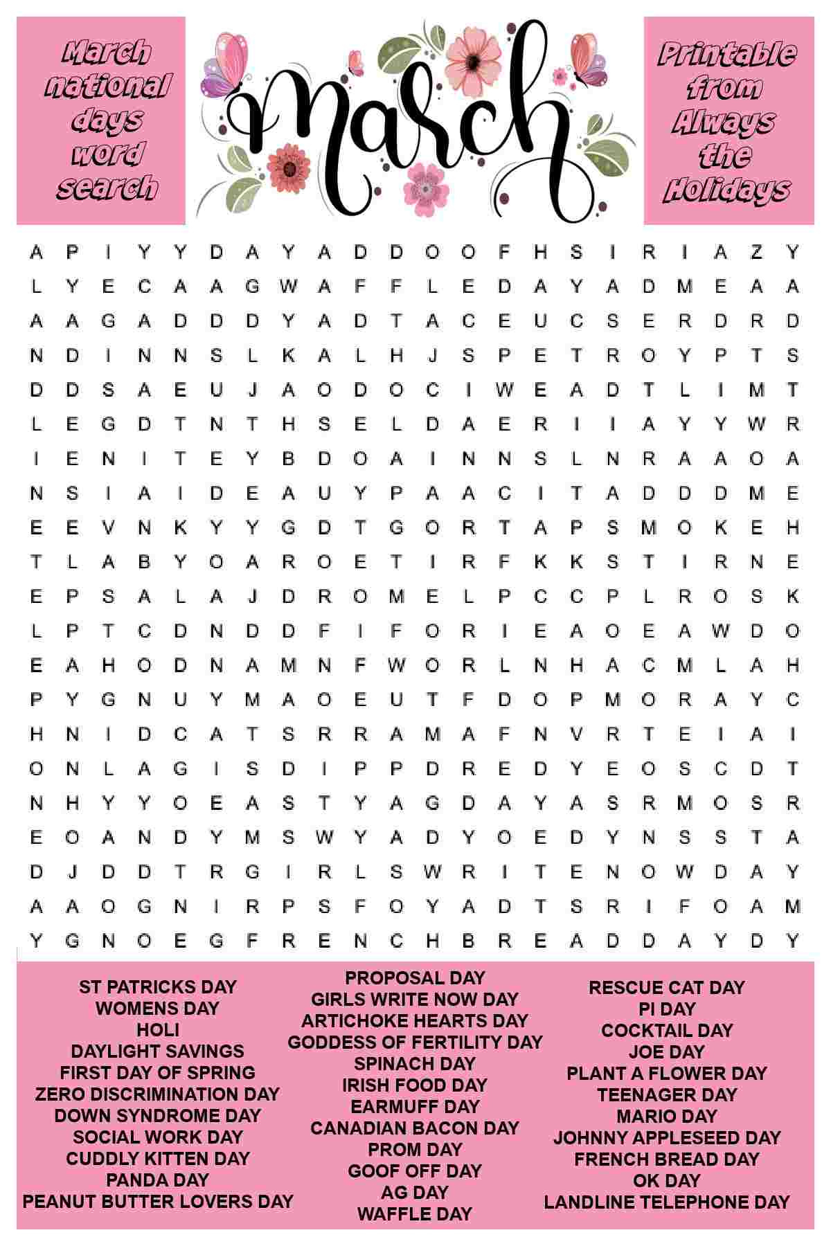 March Word Search Printable - National Days Word Find Puzzles in March Word Search Free Printable