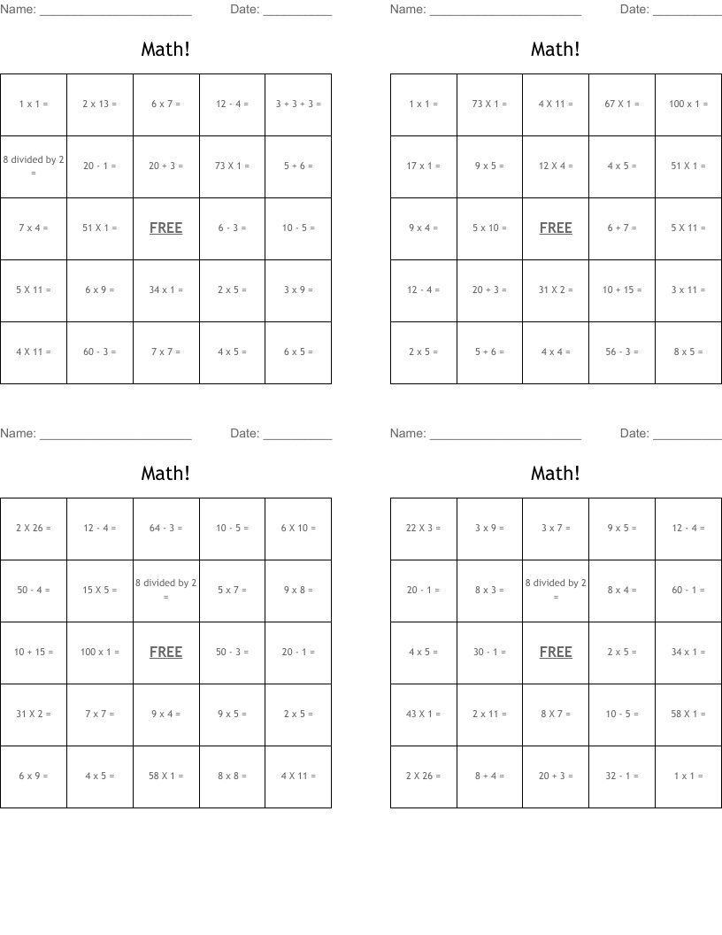 Math! Bingo Cards - Wordmint in Math Bingo Card Maker