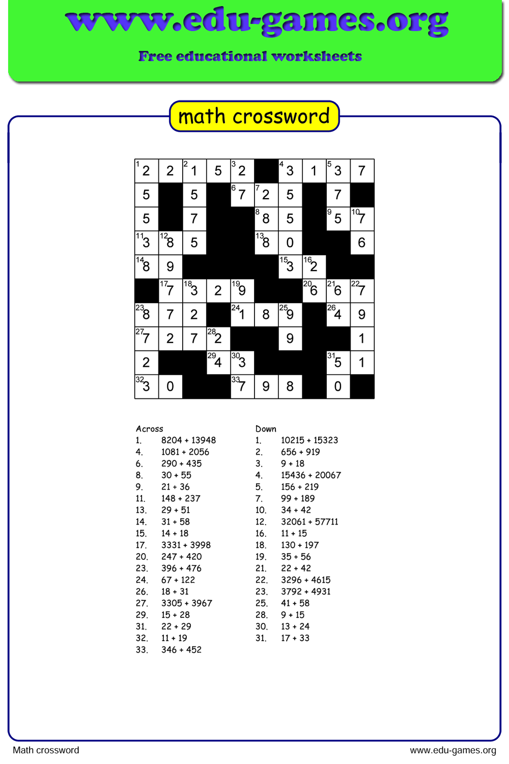 Math Crossword Puzzle Maker - Free Printable Worksheets for Printable Math Crosswords