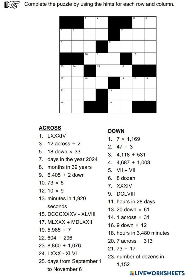 Math Crossword Worksheet inside Printable Math Crossword