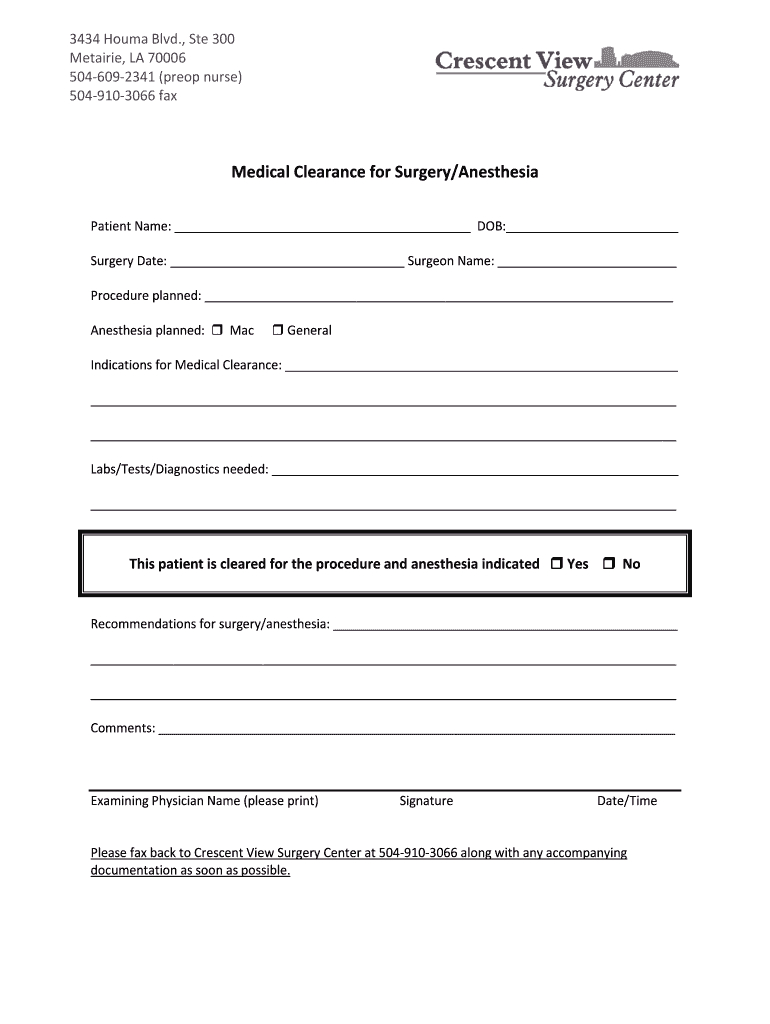 Medical Clearance For Surgery - Fill Online, Printable, Fillable with regard to Printable Medical Clearance Form For Surgery