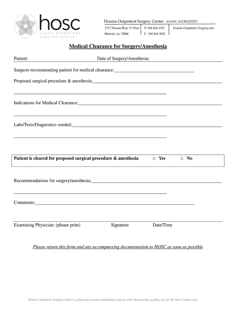 Medical Clearance Form - Fill Online, Printable, Fillable, Blank within Printable Medical Clearance Form For Surgery