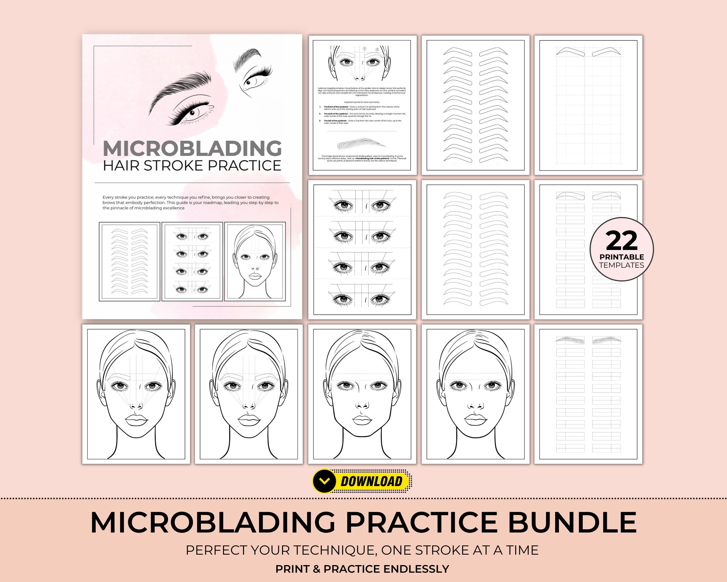 Microblading Hair Stroke Practice Sheets, Eyebrow Mapping regarding Printable Microblading Practice Sheets