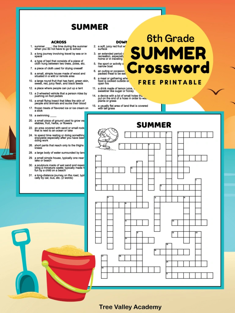 Middle School Summer Crossword Puzzle - Tree Valley Academy in Summer Crossword Puzzle Free Printable