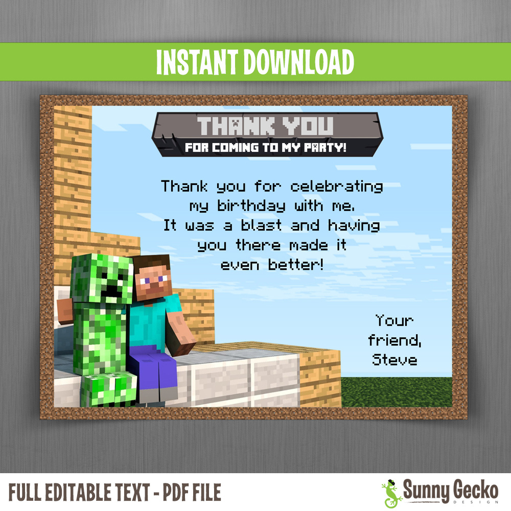 Minecraft Birthday Thank You Cards throughout Free Printable Minecraft Thank You Tags