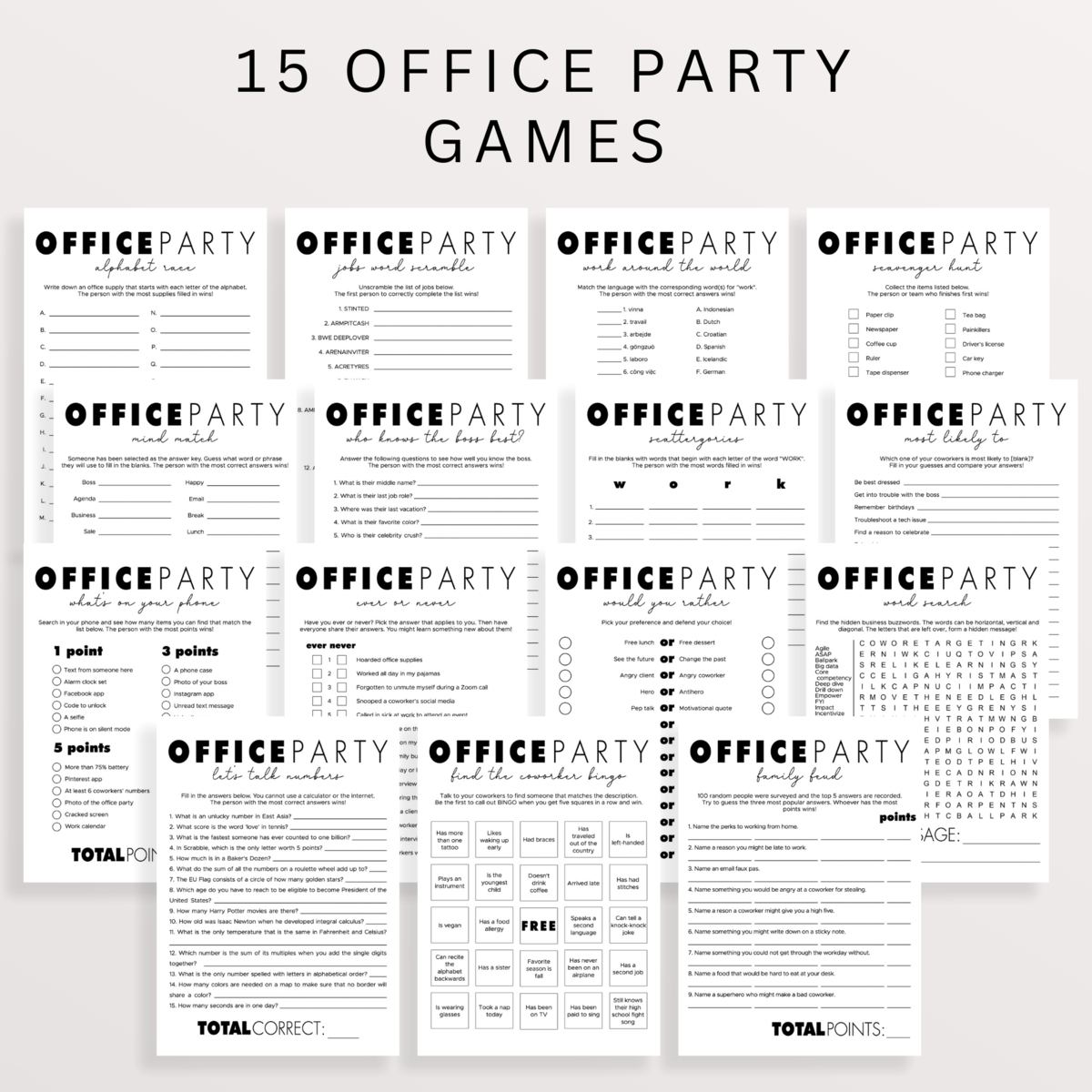 Modern Office Party Games Bundle Editable Templates | 15 Games within Printable Office Party Games