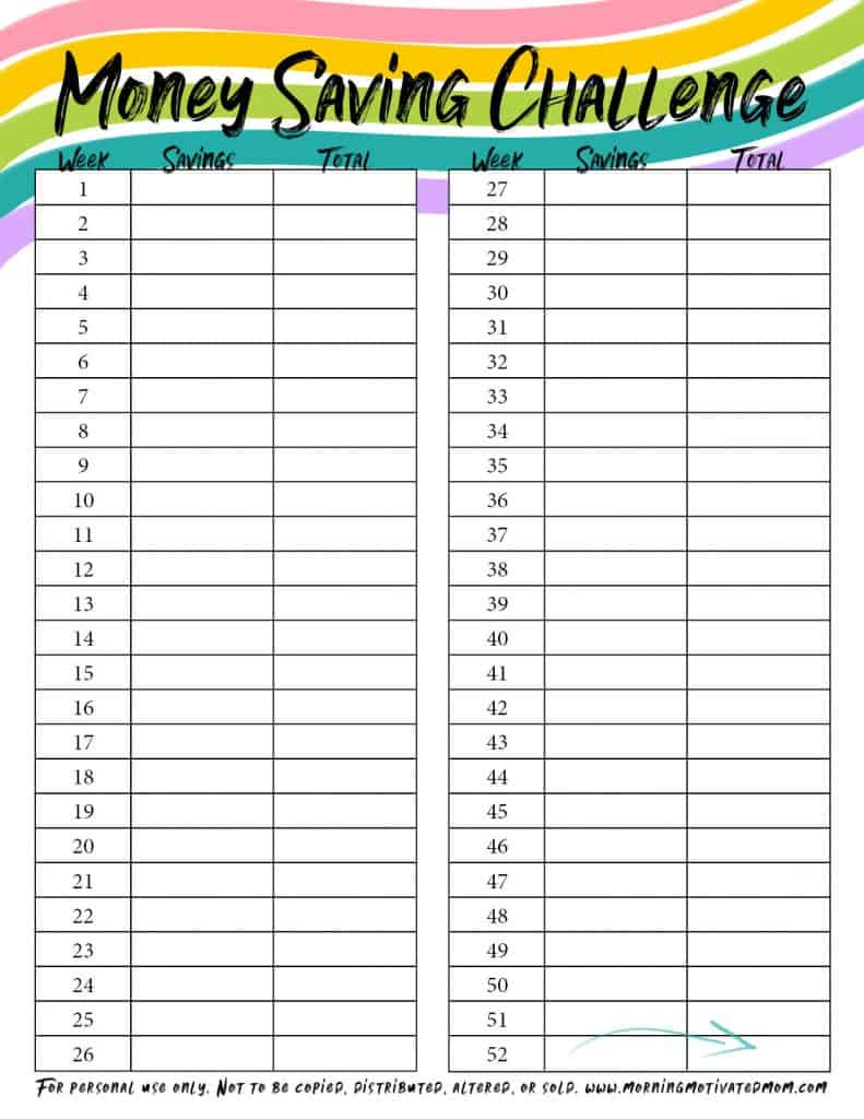 Money Saving Challenge For Kids With Printable – Morning Motivated Mom pertaining to Savings Challenge Printable Free Download