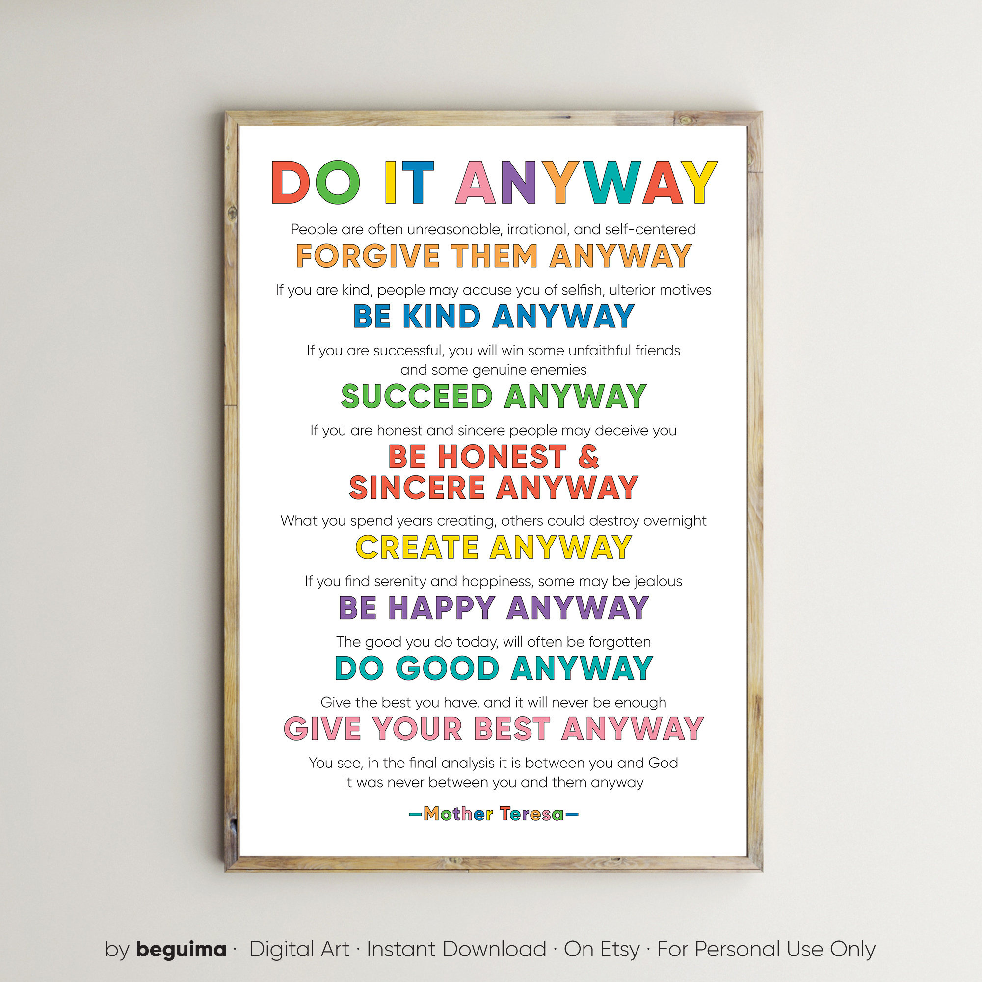 Mother Teresa Print,Do It Anyway,Inspirational Quotes,Poster,Wall inside Mother Teresa Do It Anyway Printable