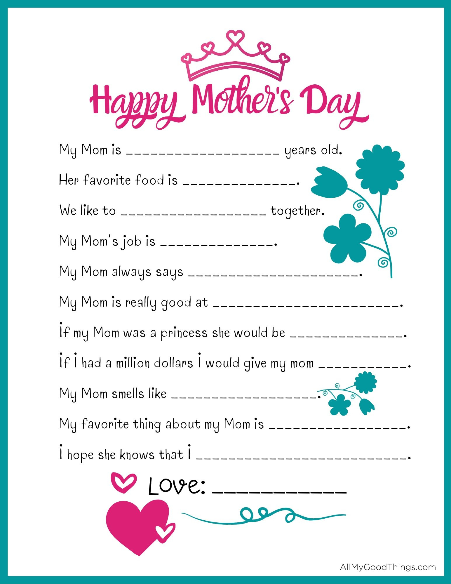 Mother&amp;#039;S Day Free Floored Printables with regard to Free Printable Mother&amp;amp;#039;s Day Questions