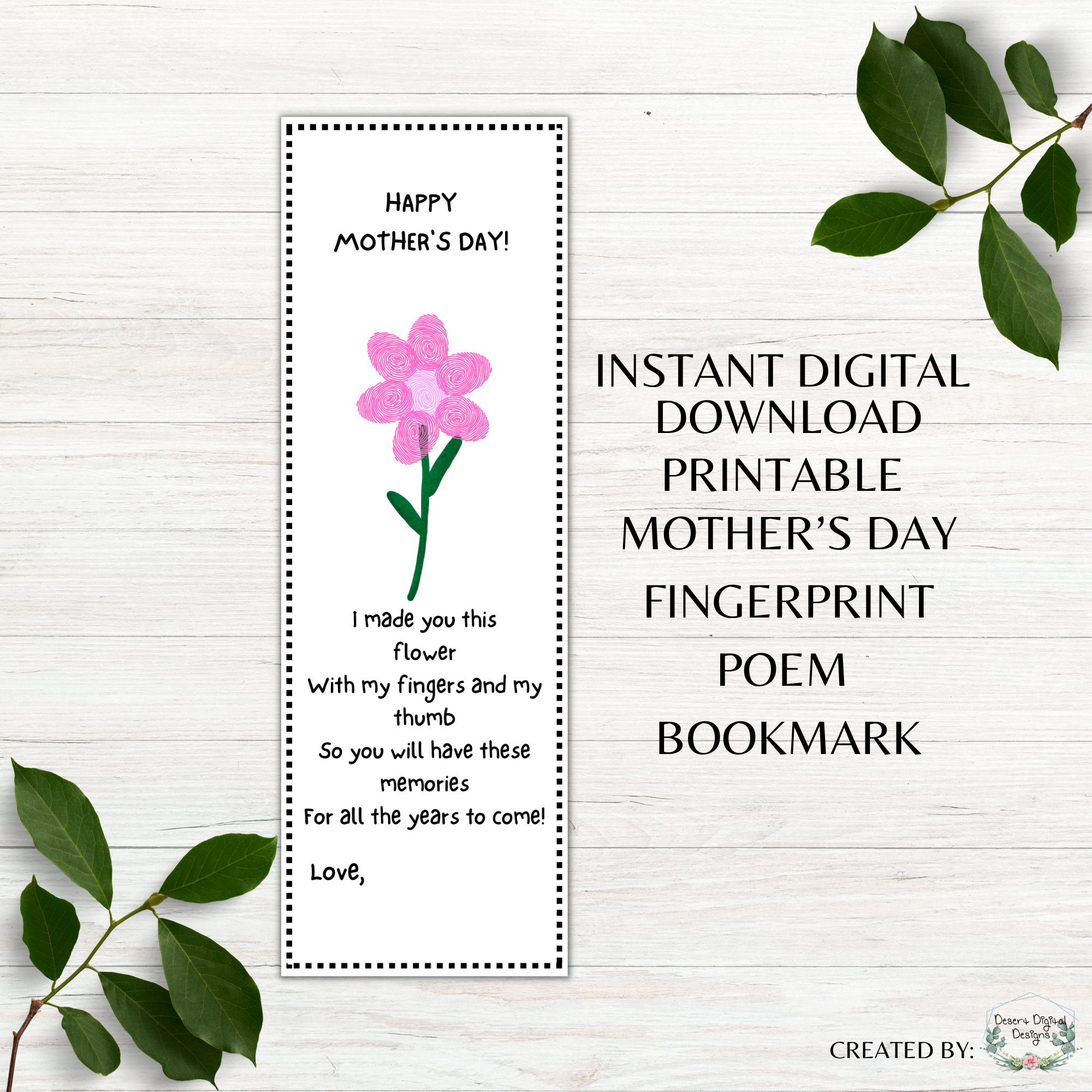 Mother&amp;#039;S Day Printable Bookmark Flower Fingerprint Bookmark throughout Mother&amp;#039;S Day Bookmark Printable Free