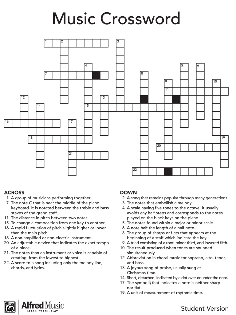 Music Crossword Puzzle Activity intended for Music Crossword Puzzle Printable