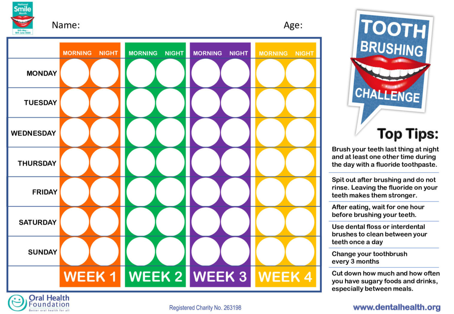 National Smile Month 2020 - Free Tooth Brushing Chart For Kids And intended for Free Printable Teeth Brushing Chart