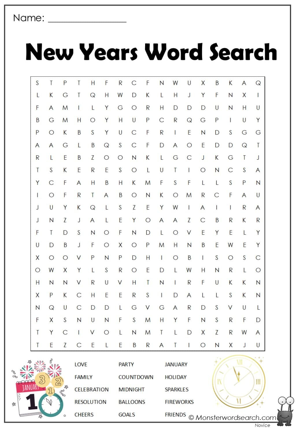 New Years Word Search - Monster Word Search for Free Printable New Year Word Search