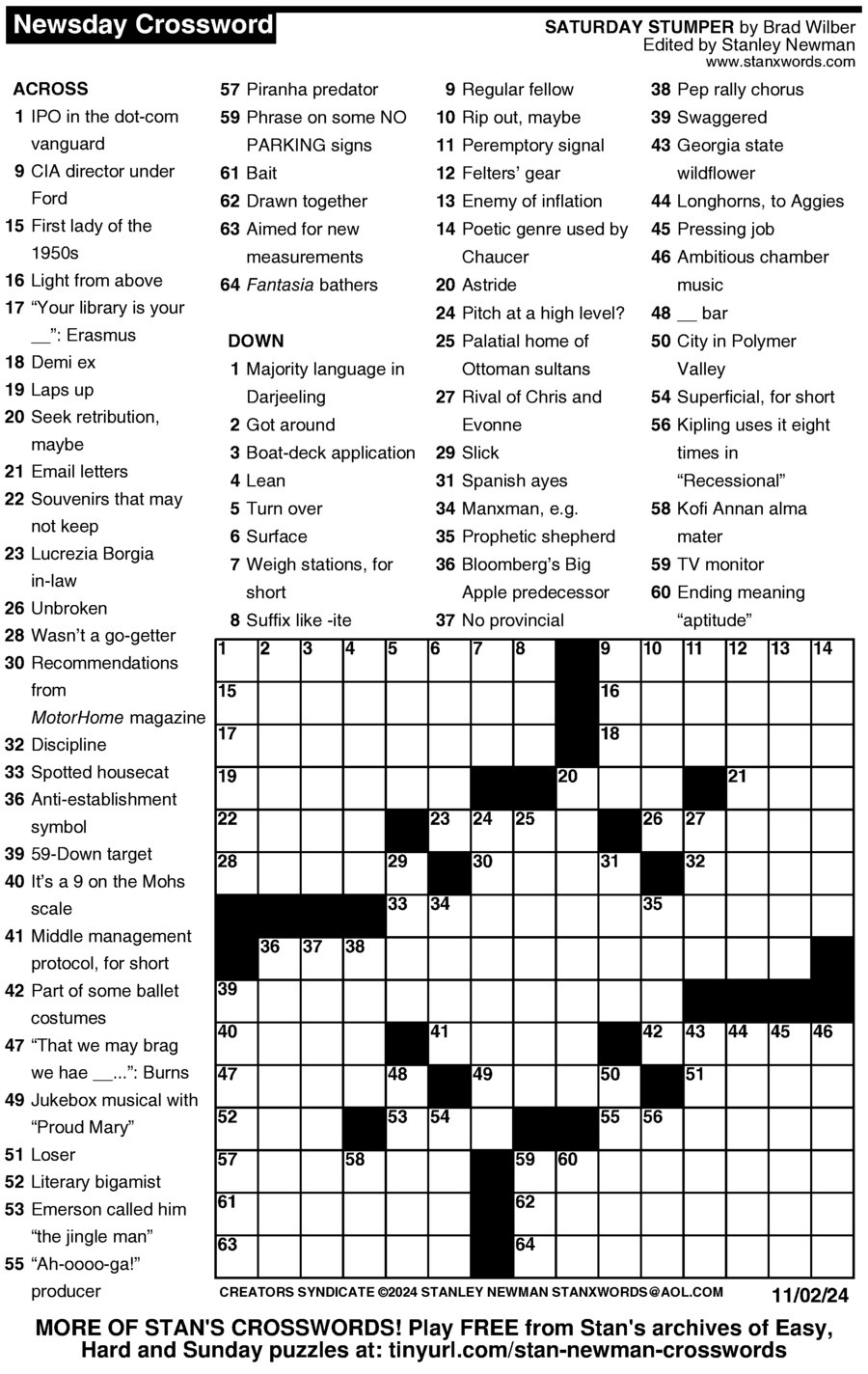 Newsday Crossword Puzzle For Nov 02, 2024,Stanley Newman in Newsday Crossword Solution Today Free Printable