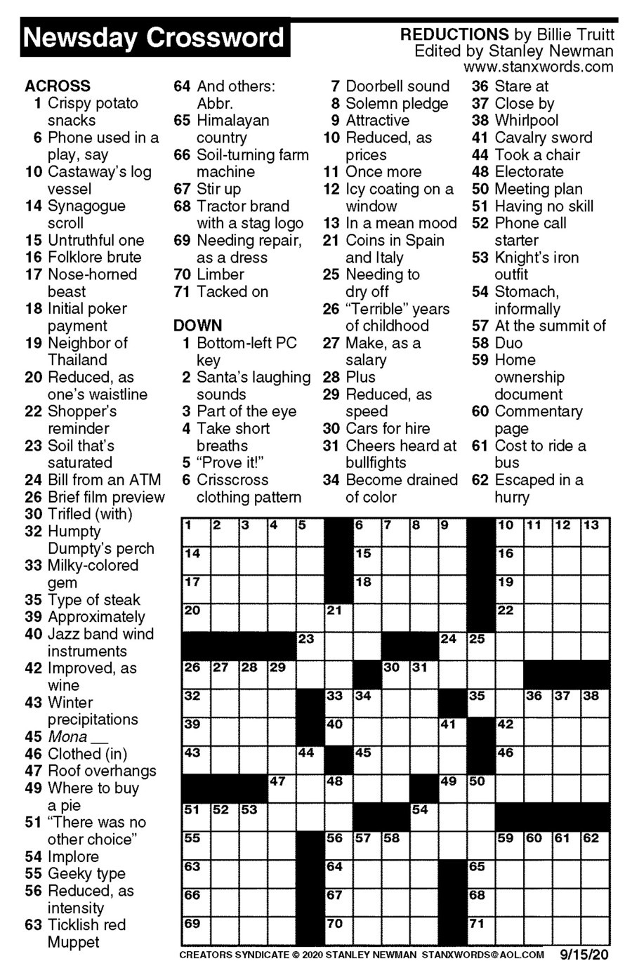 Newsday Crossword Puzzle For Sep 15, 2020,Stanley Newman pertaining to Newsday Crossword Puzzle Printable