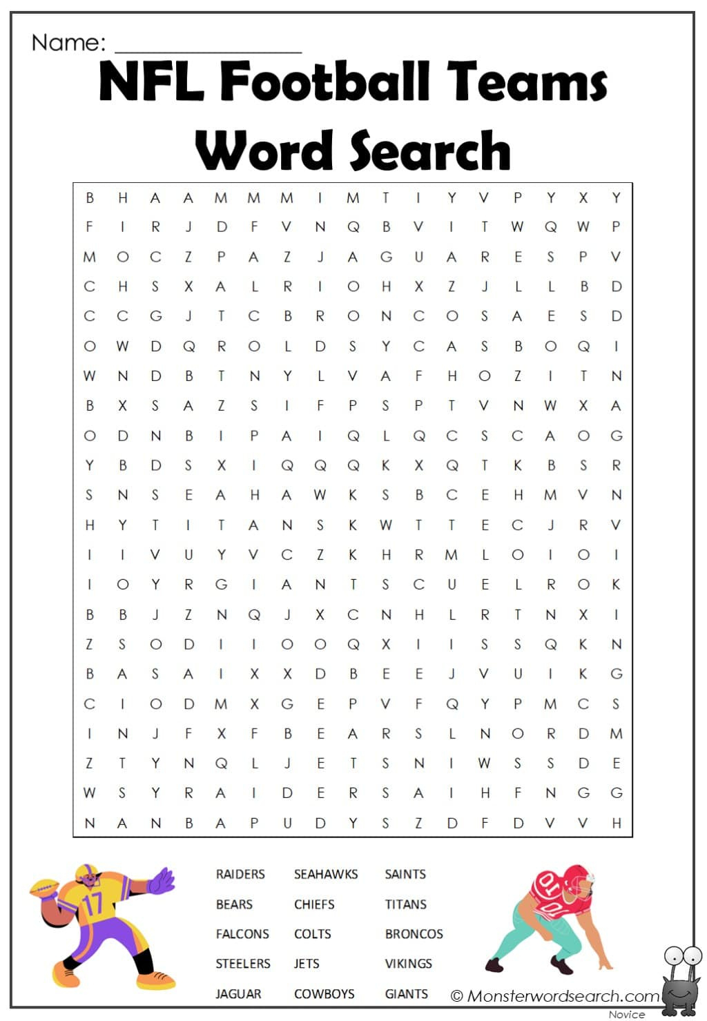 Nfl Football Teams Word Search - Monster Word Search intended for Football Word Search Free Printable