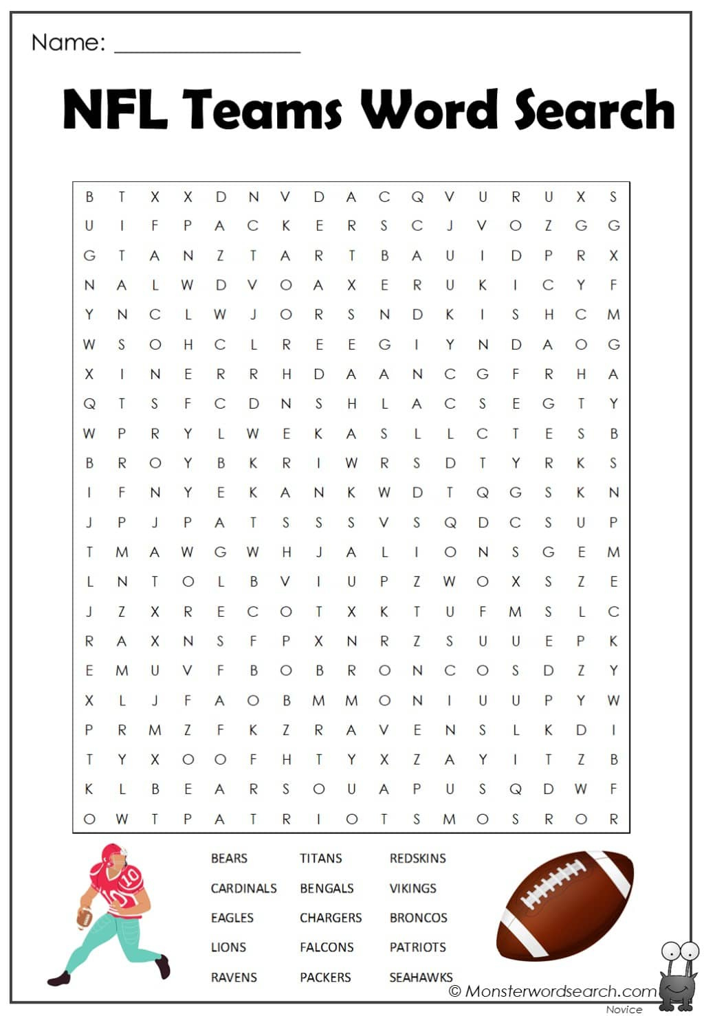 Nfl Teams Word Search - Monster Word Search with Nfl Word Search Printable