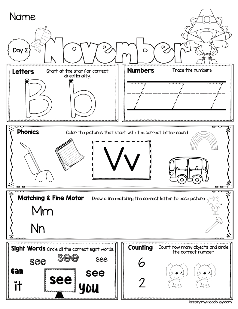 November Seat Work For Kindergarten - Free Week — Keeping My Kiddo in Morning Work Free Printables