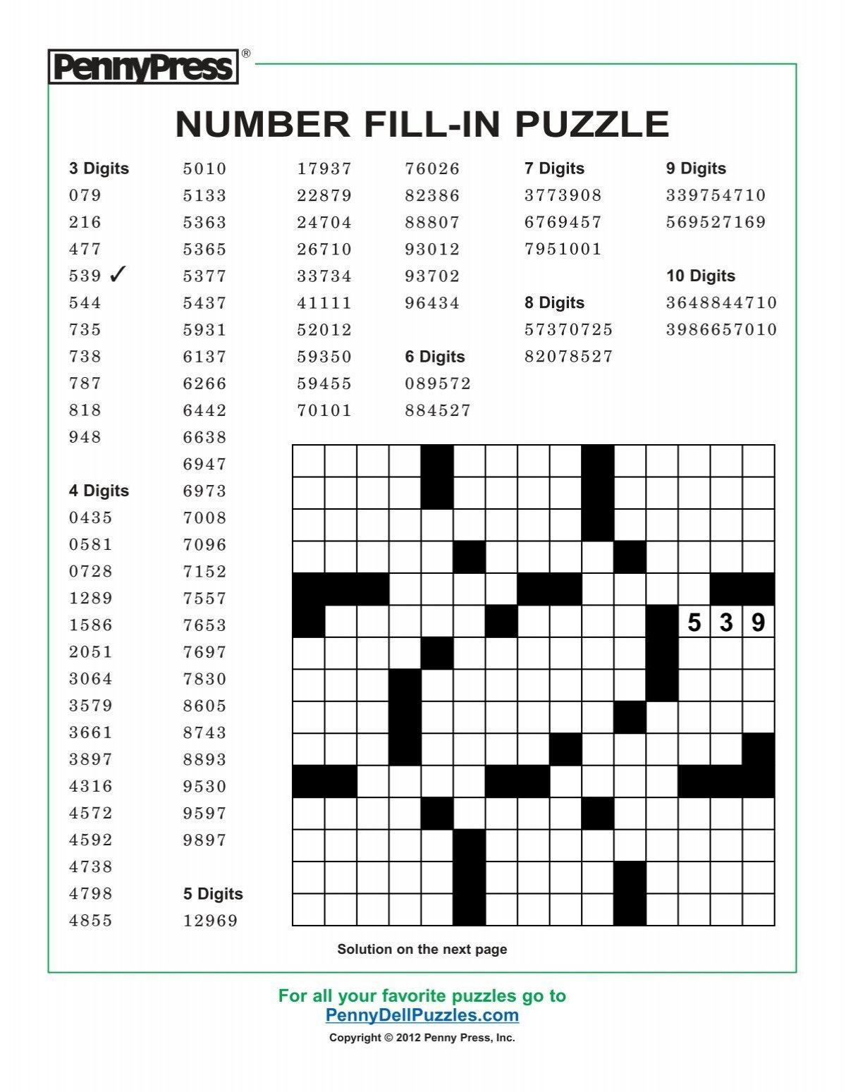 Number Fill-In Puzzle - Pennydellpuzzles intended for Number Fill In Puzzle Printable