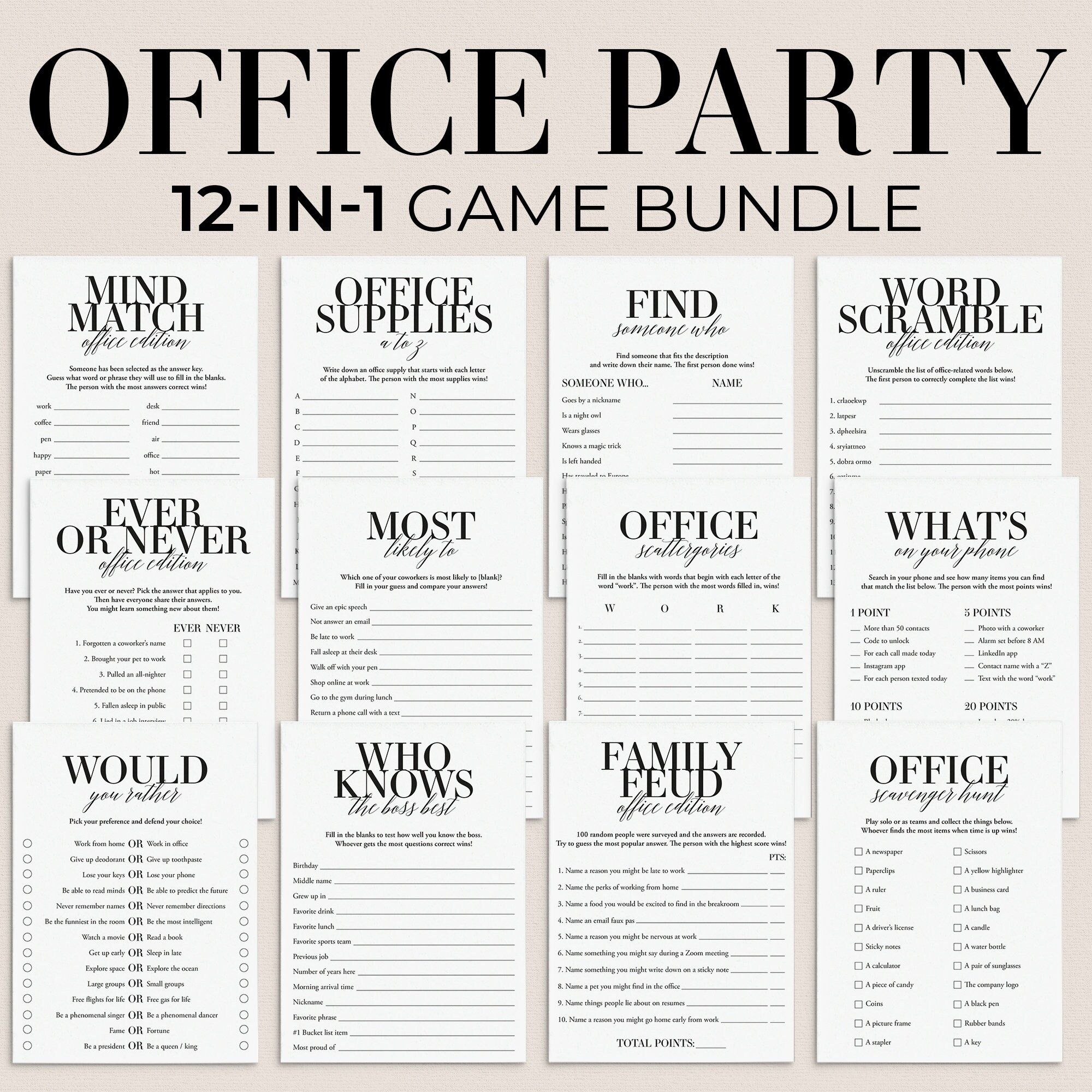 Office Party Games Bundle Printable Games For Work Team Building throughout Printable Office Party Games