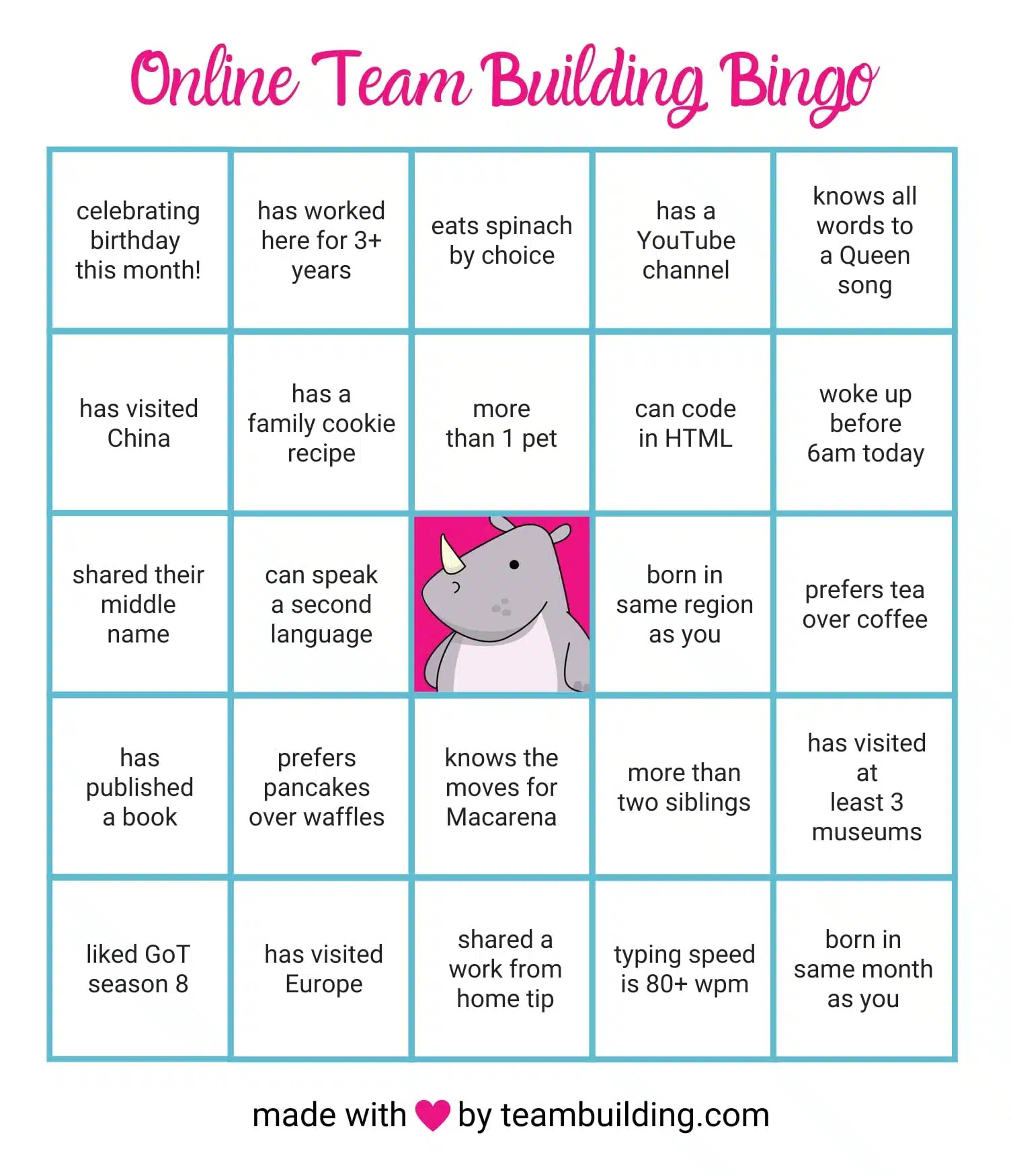 Online Team Building Bingo: Rules &amp;amp; Free Game Board regarding Team Building Bingo Cards