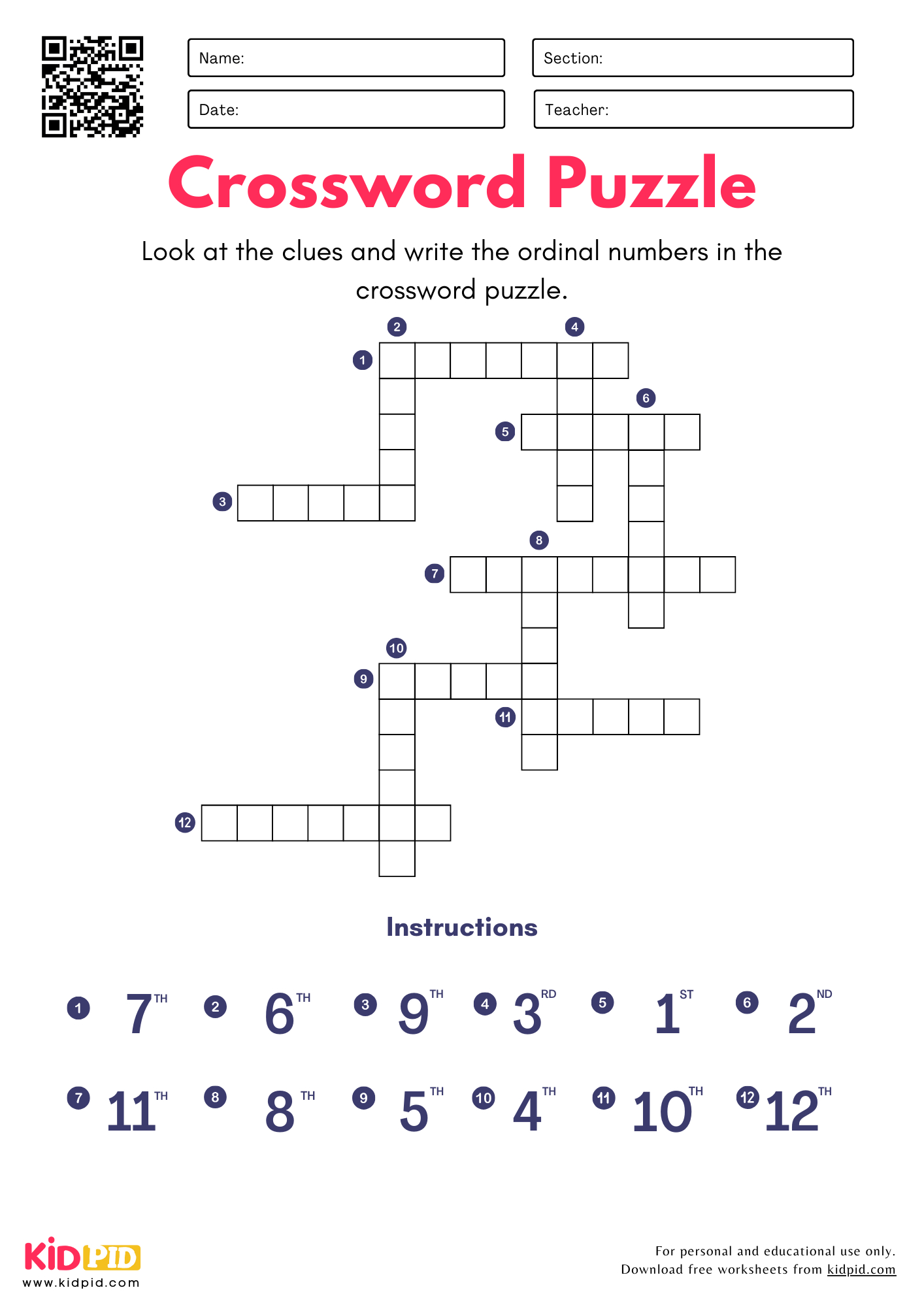 Ordinal Numbers Crossword Puzzle Worksheets For Grade 1 - Kidpid intended for Crossword Puzzles For First Graders Printable
