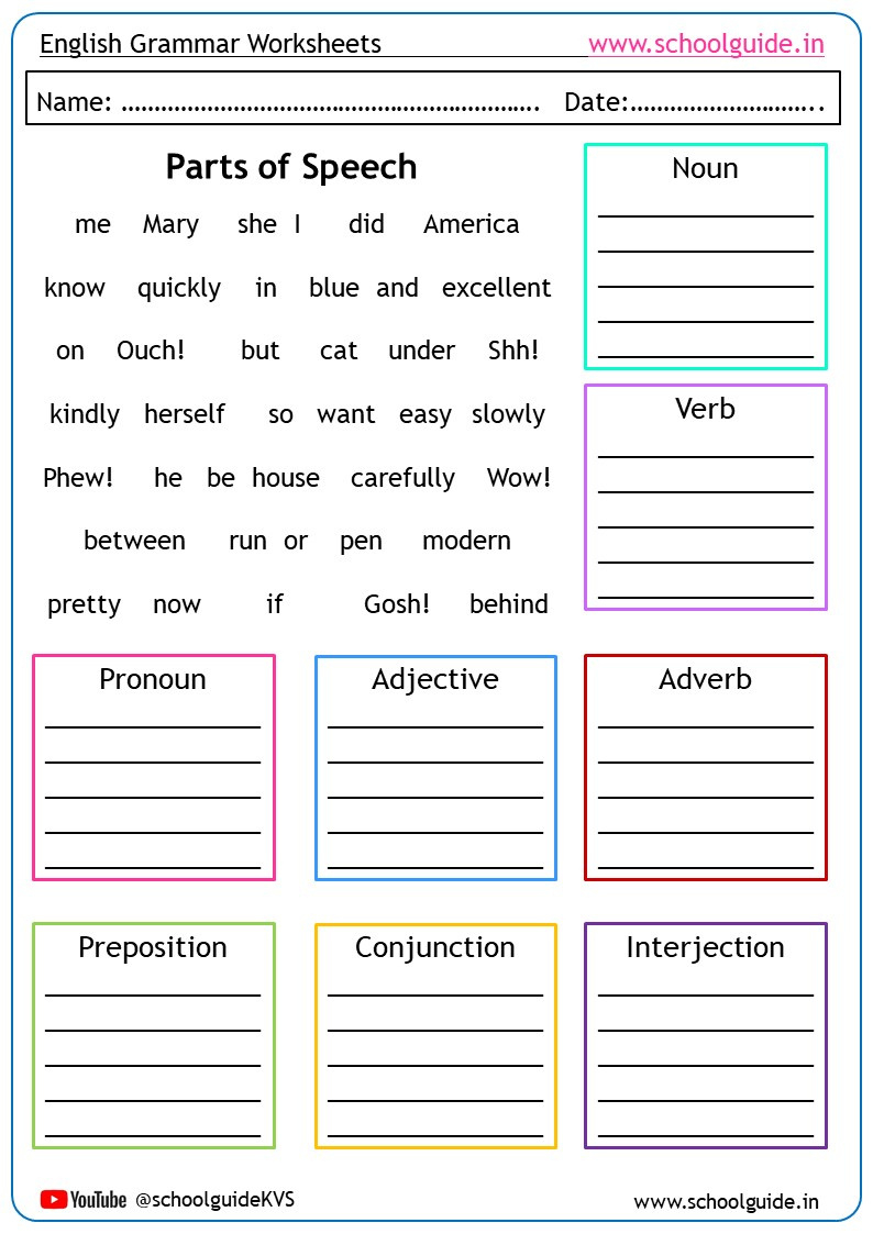 Parts Of Speech Worksheets with Printable Grammar Worksheets 6th Grade Free