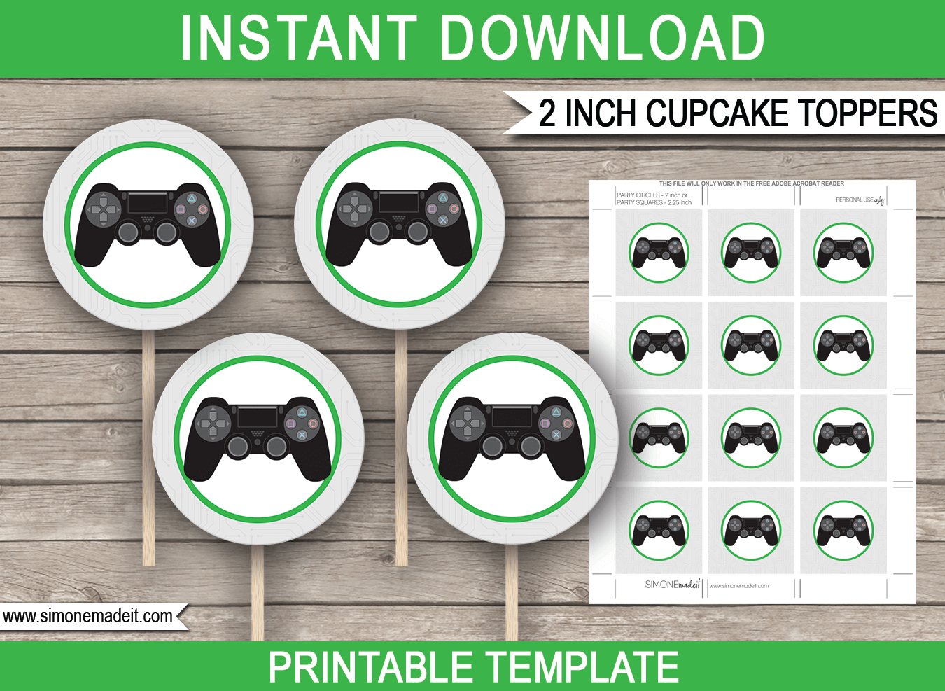 Playstation Party Cupcake Toppers Template - Green throughout Free Printable Video Game Cupcake Toppers