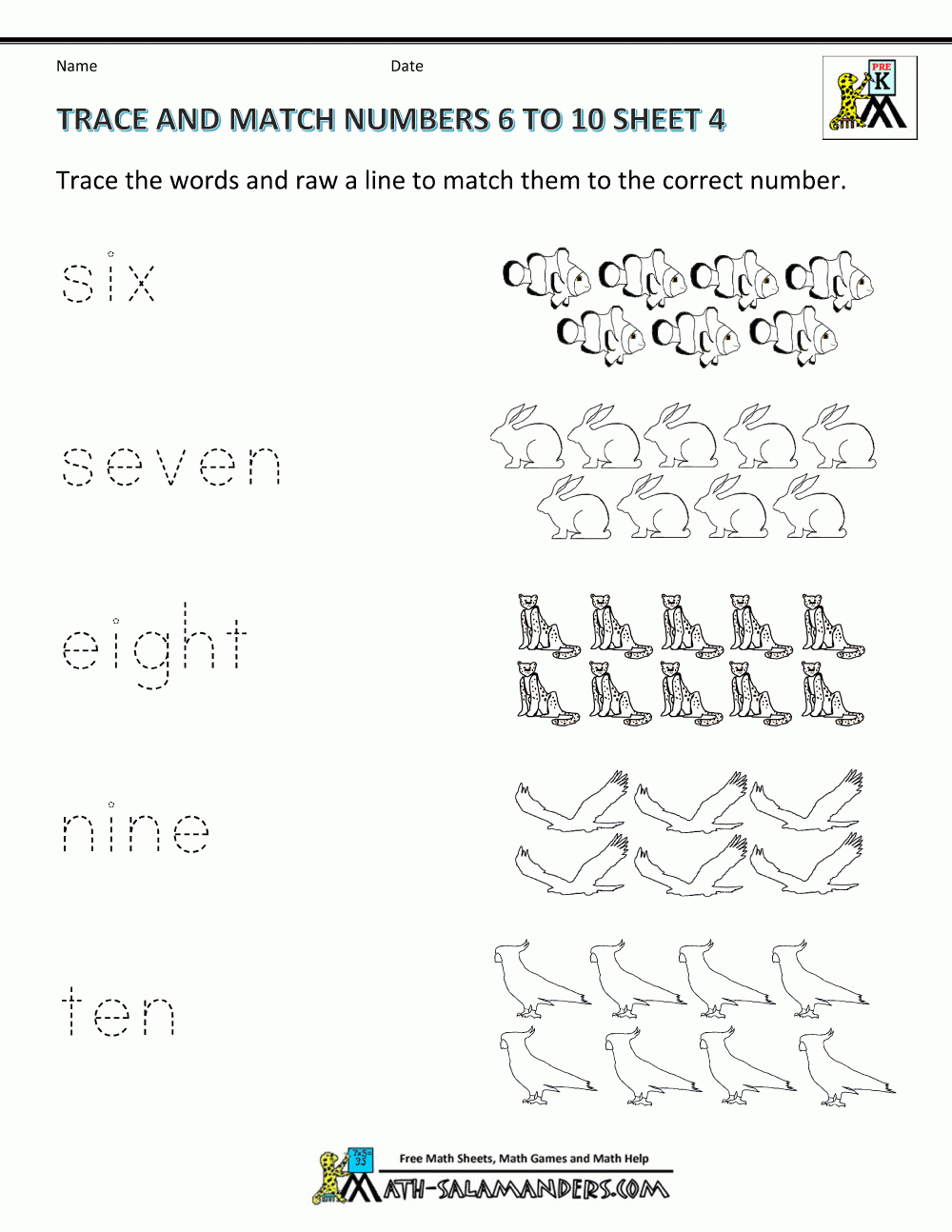 Pre K Math Worksheets - Matching 6 To 10 in Numbers 6 To 10 Worksheet Printable