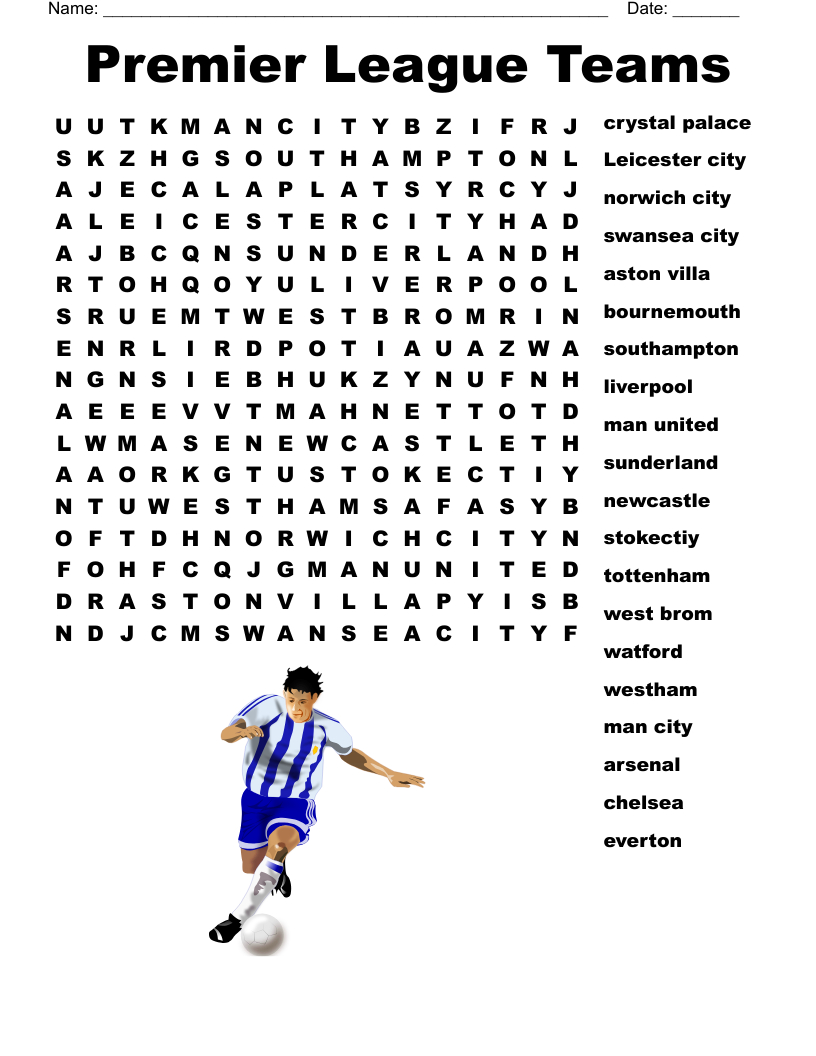 Premier League Teams Word Search - Wordmint regarding Football Word Search Free Printable