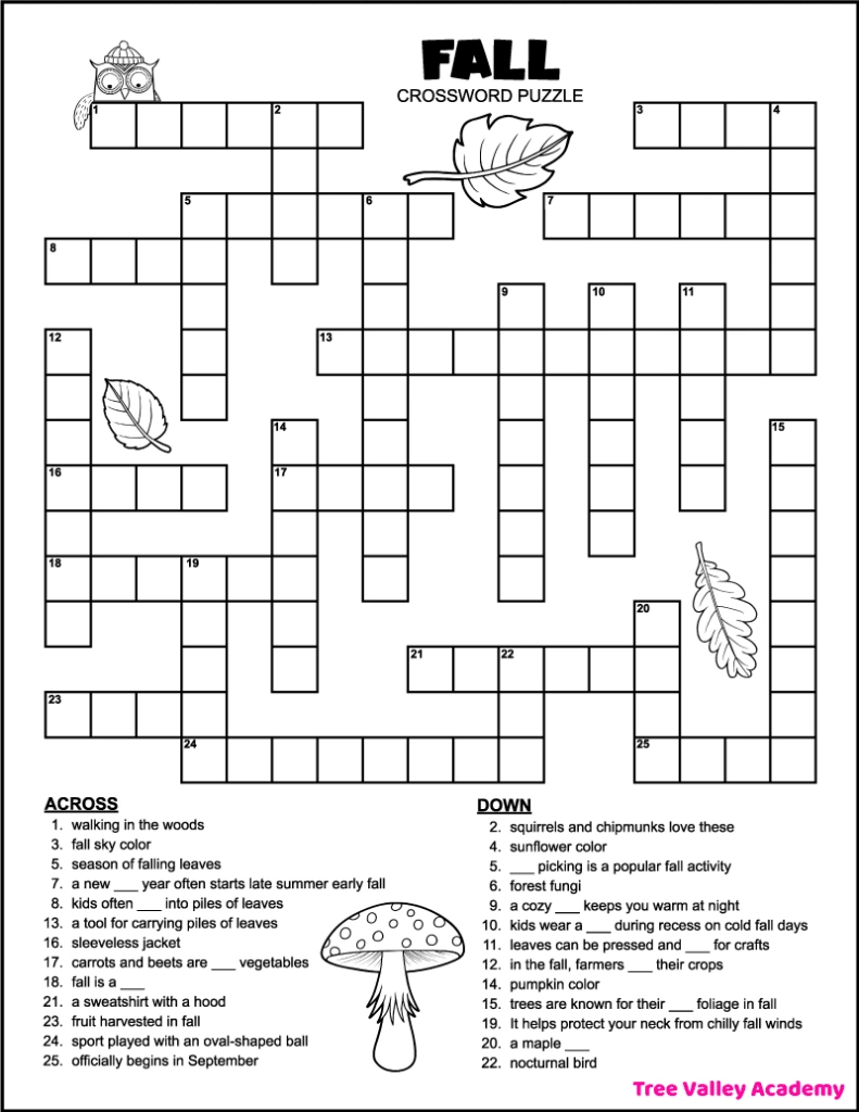 Printable 4Th Grade Fall Crossword Puzzle - Tree Valley Academy intended for Autumn Crossword Puzzle Printable