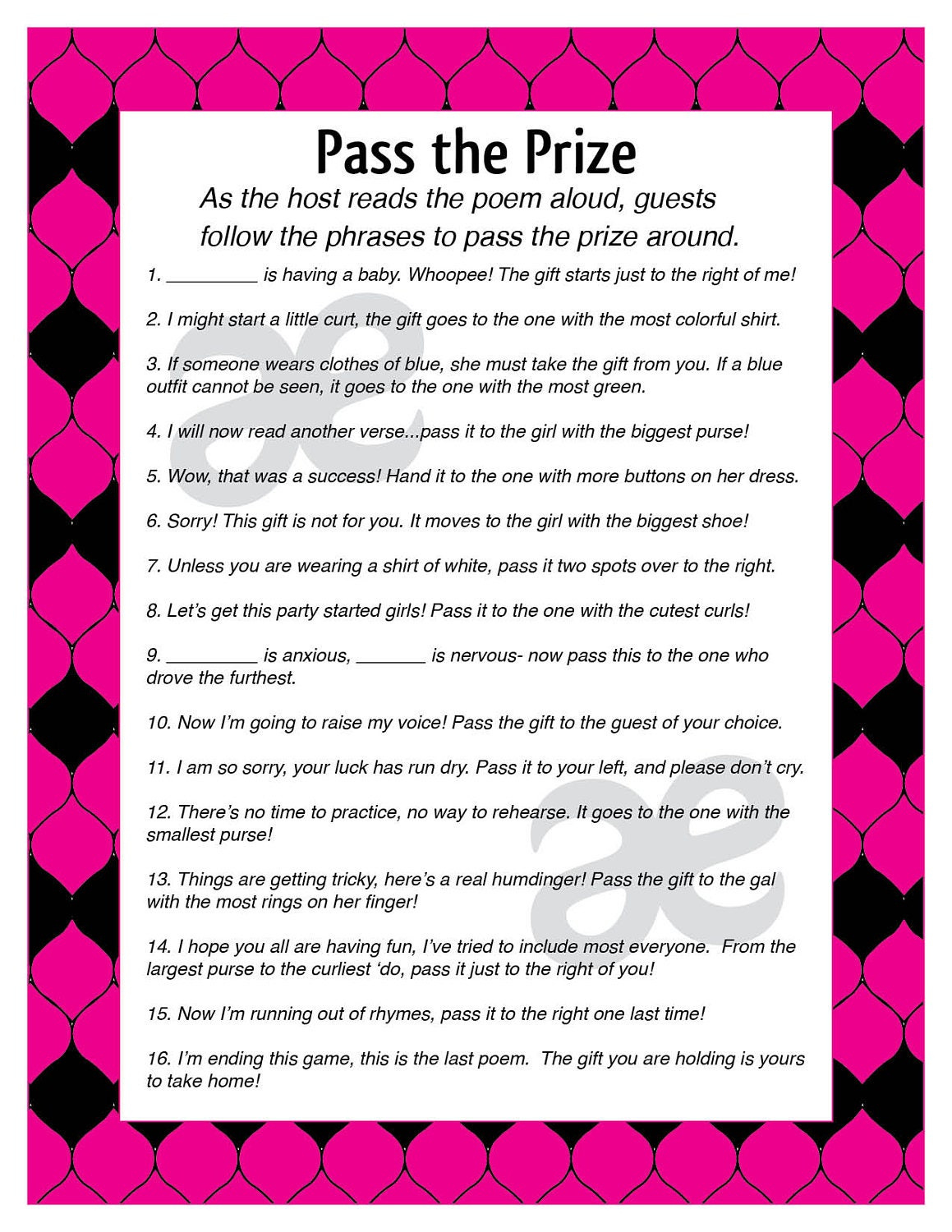 Printable Baby Shower Activity: Pass The Prize Instant Download with Printable Pass The Prize Game