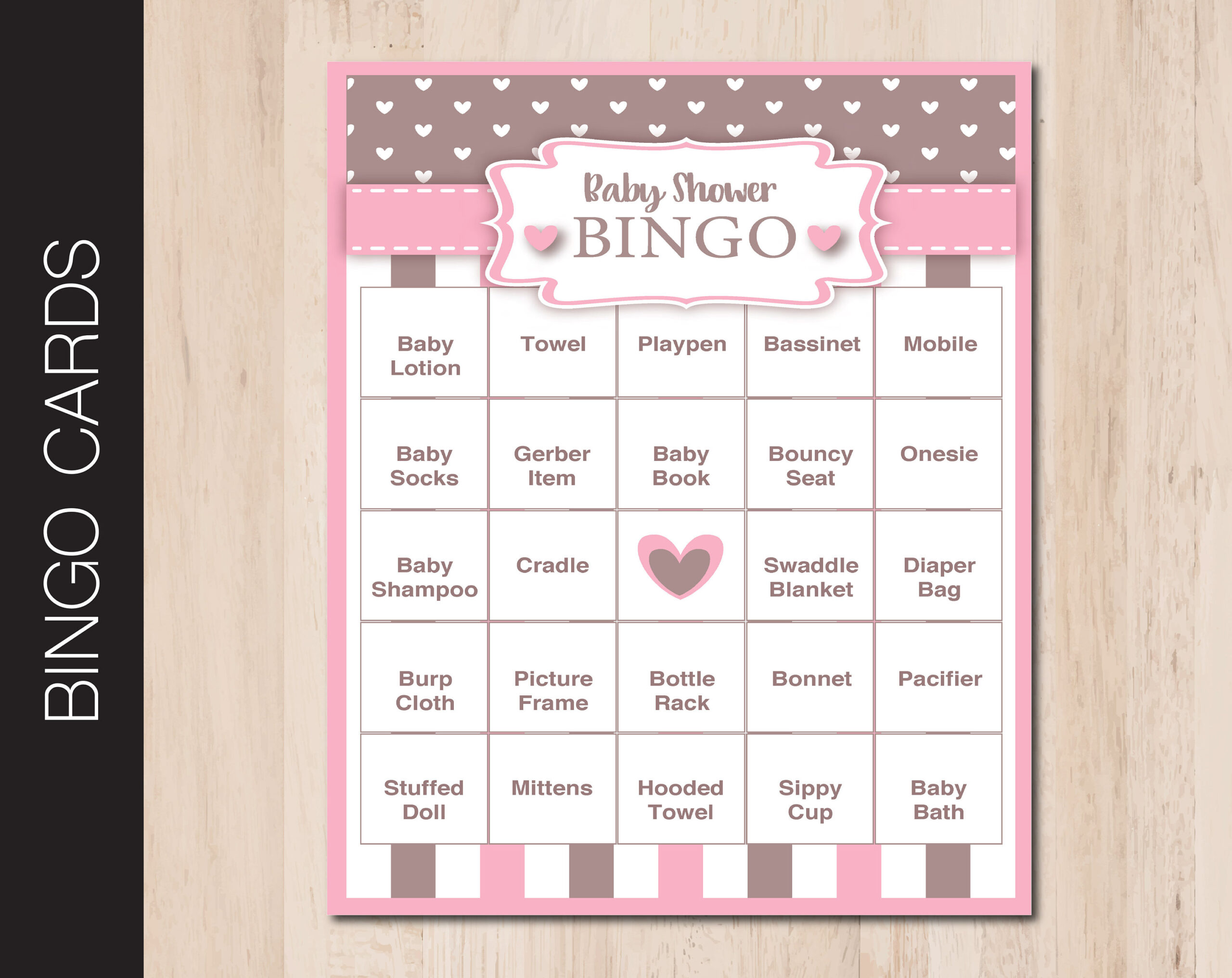 Printable Baby Shower Bingo Game. Pink And Brown Baby Girl. 40 in Baby Shower Bingo Printable Cards