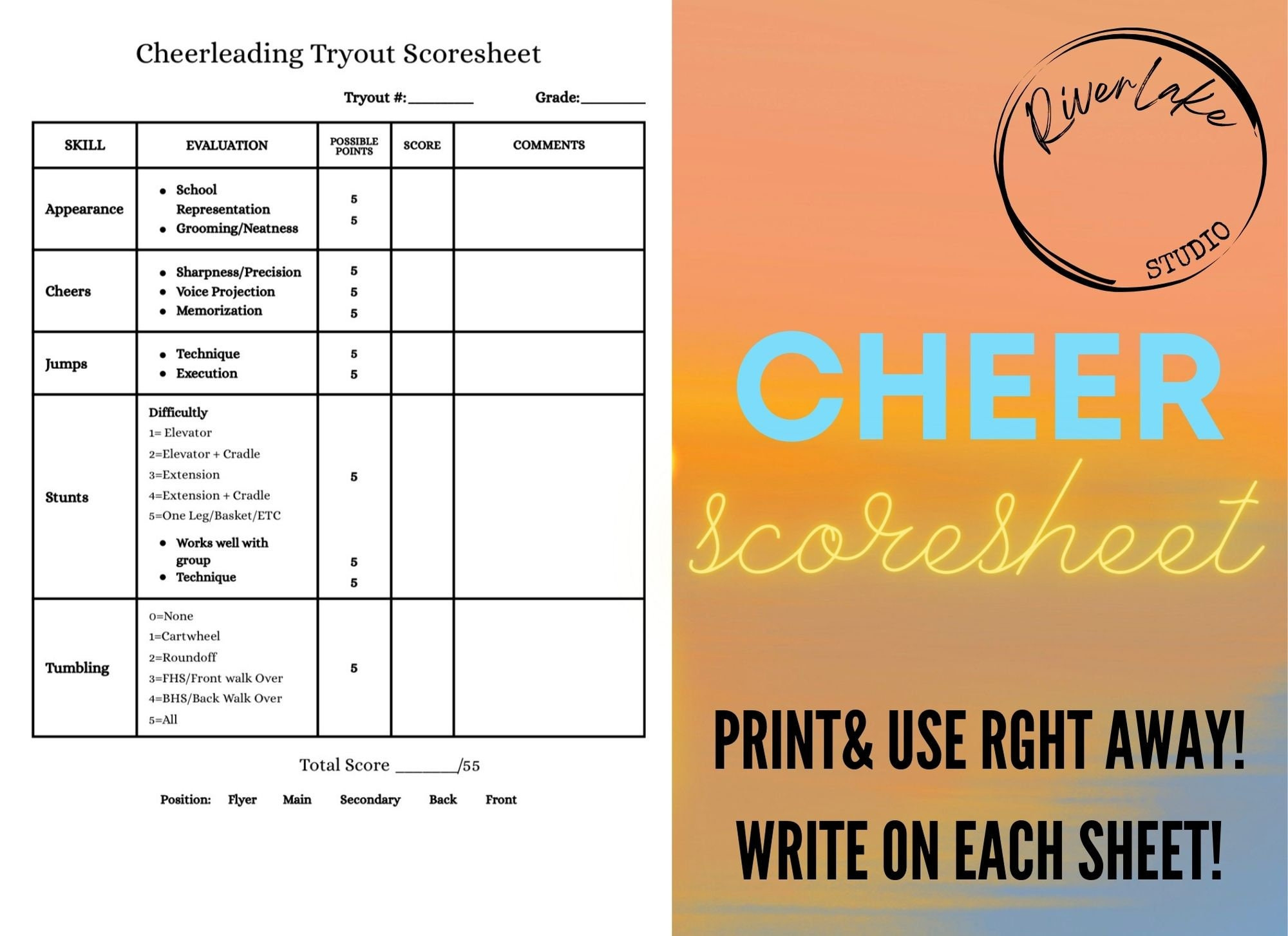 Printable Cheerleading Tryout Score Sheet. Instant Download inside Tryout Numbers Printable Free