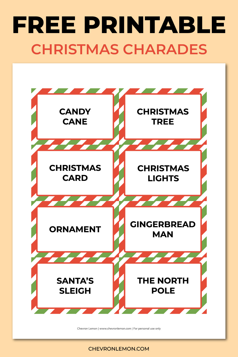 Printable Christmas Charades - Chevron Lemon within Free Christmas Charades Printables