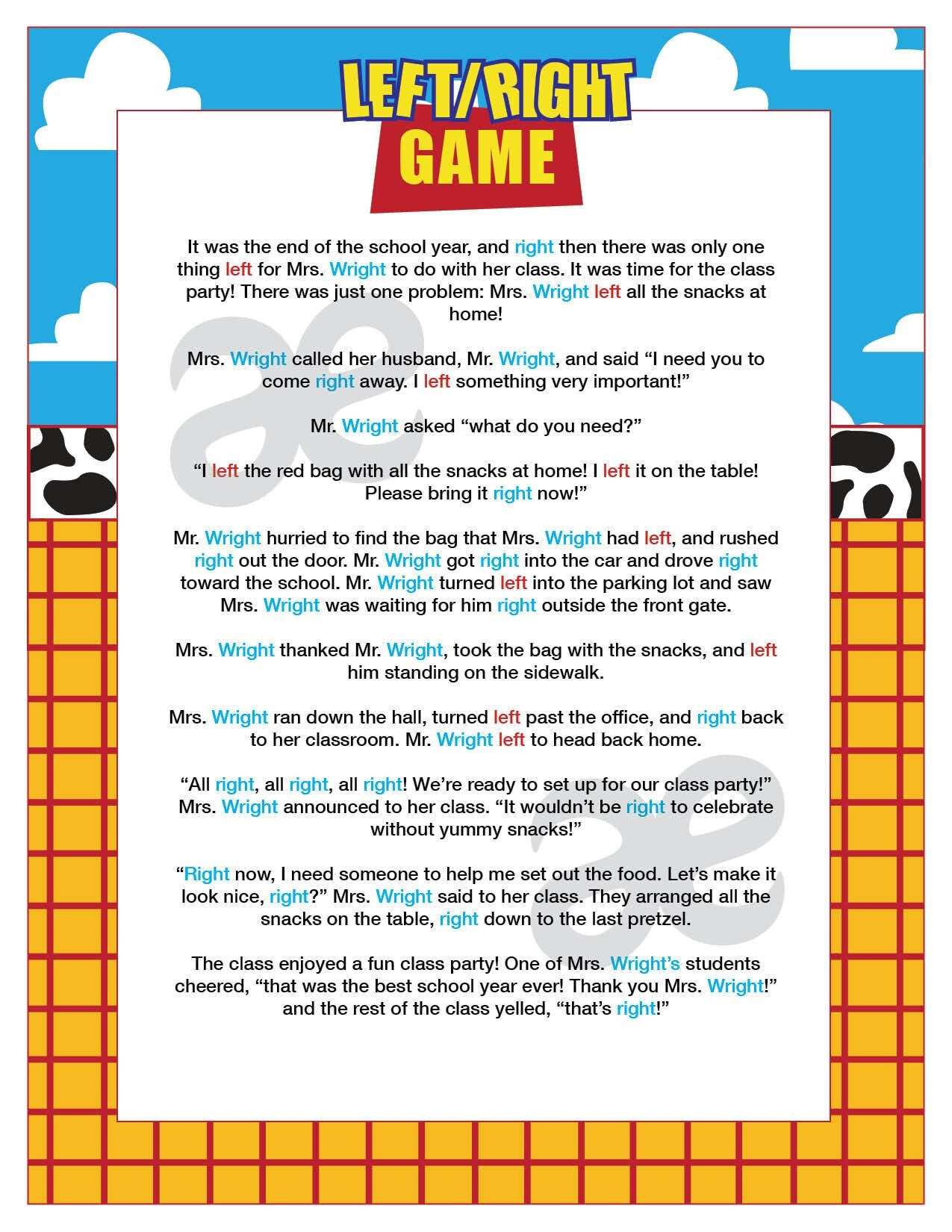 Printable End Of School Game: Left Right Game Instant Download Toy throughout Printable Left Right Game Story Any Occasion