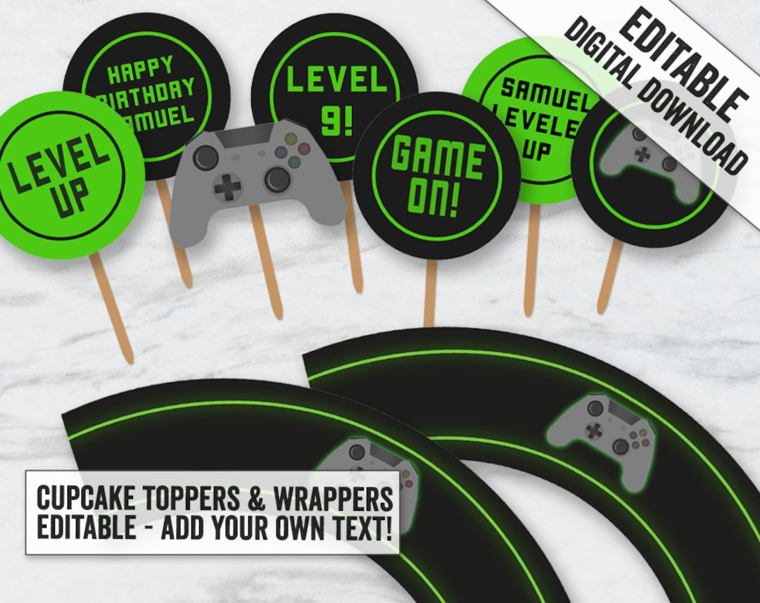 Printable Gaming Party Cupcake Toppers And Wrapper, Editable Gamer in Free Printable Video Game Cupcake Toppers